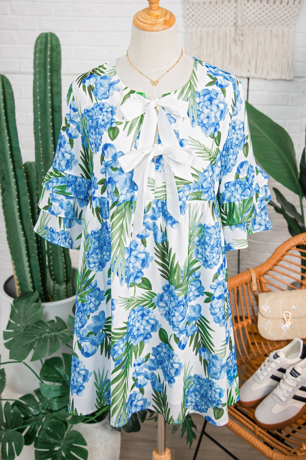 Blue Floral Ruffle Bow Mini Dress