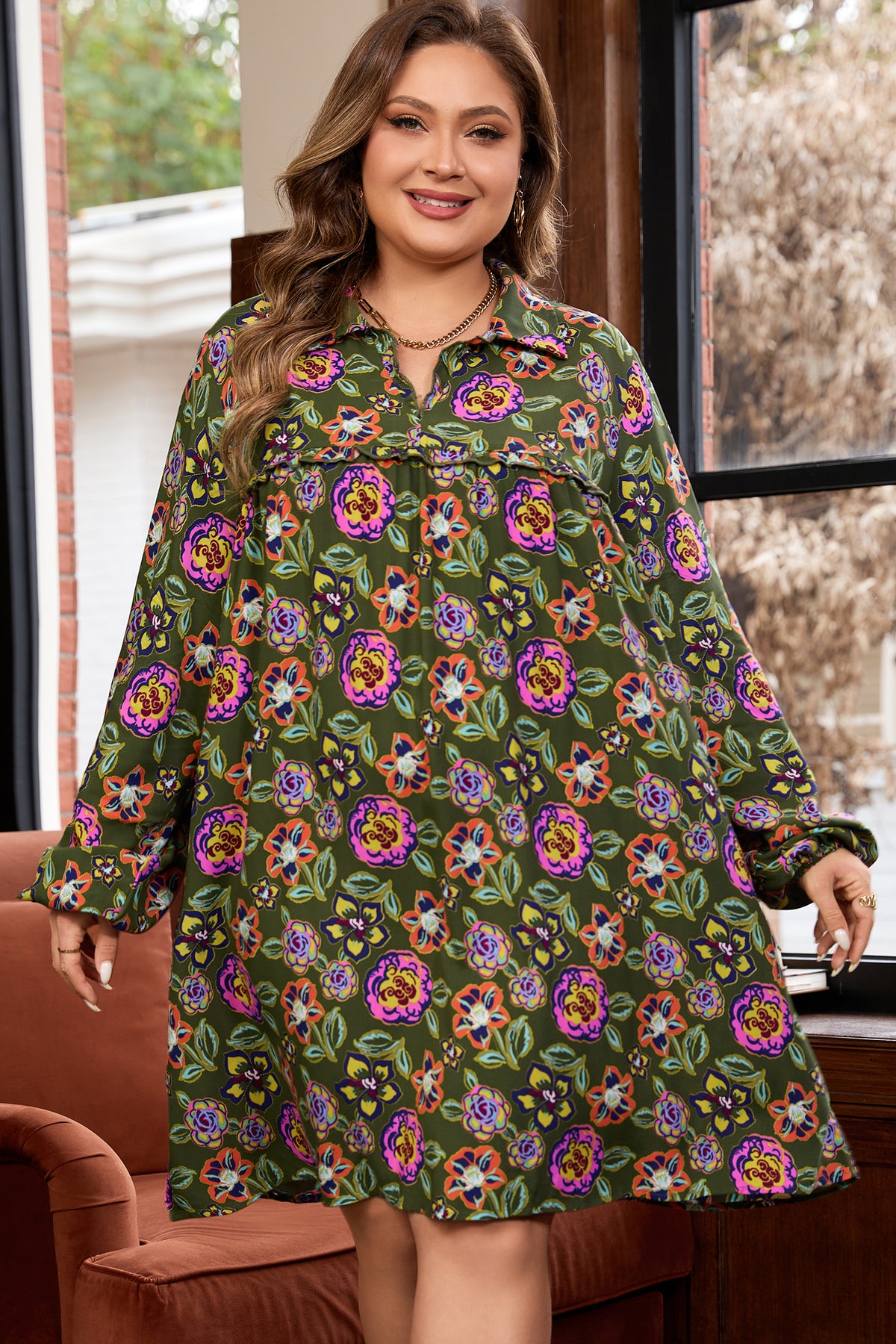 Green Plus Size Floral Print Collared V-Neck Loose Mini Dress