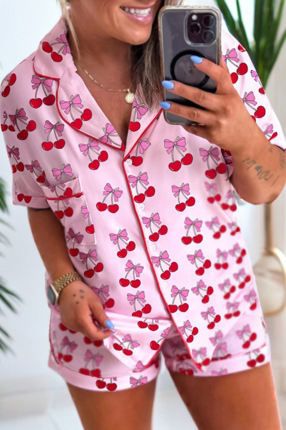 Pink Cherry and Bow Print Short Pajama Set