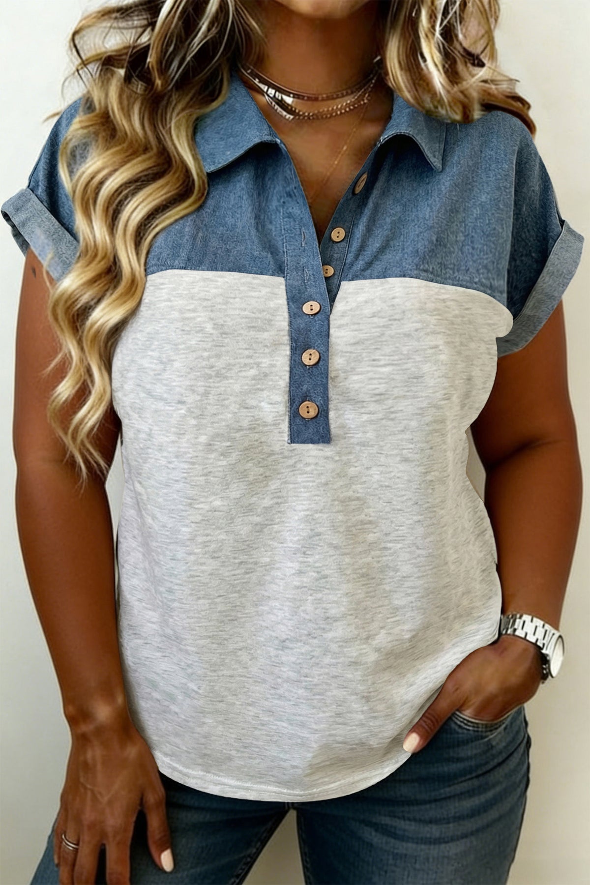 Light Grey Half Buttons Collared Denim Patchwork Plus Short-Sleeve Top