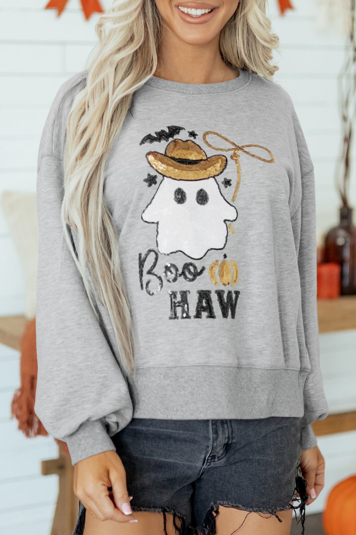 Medium Grey Sequin Western Ghost Print Round Neck Sweatshirt