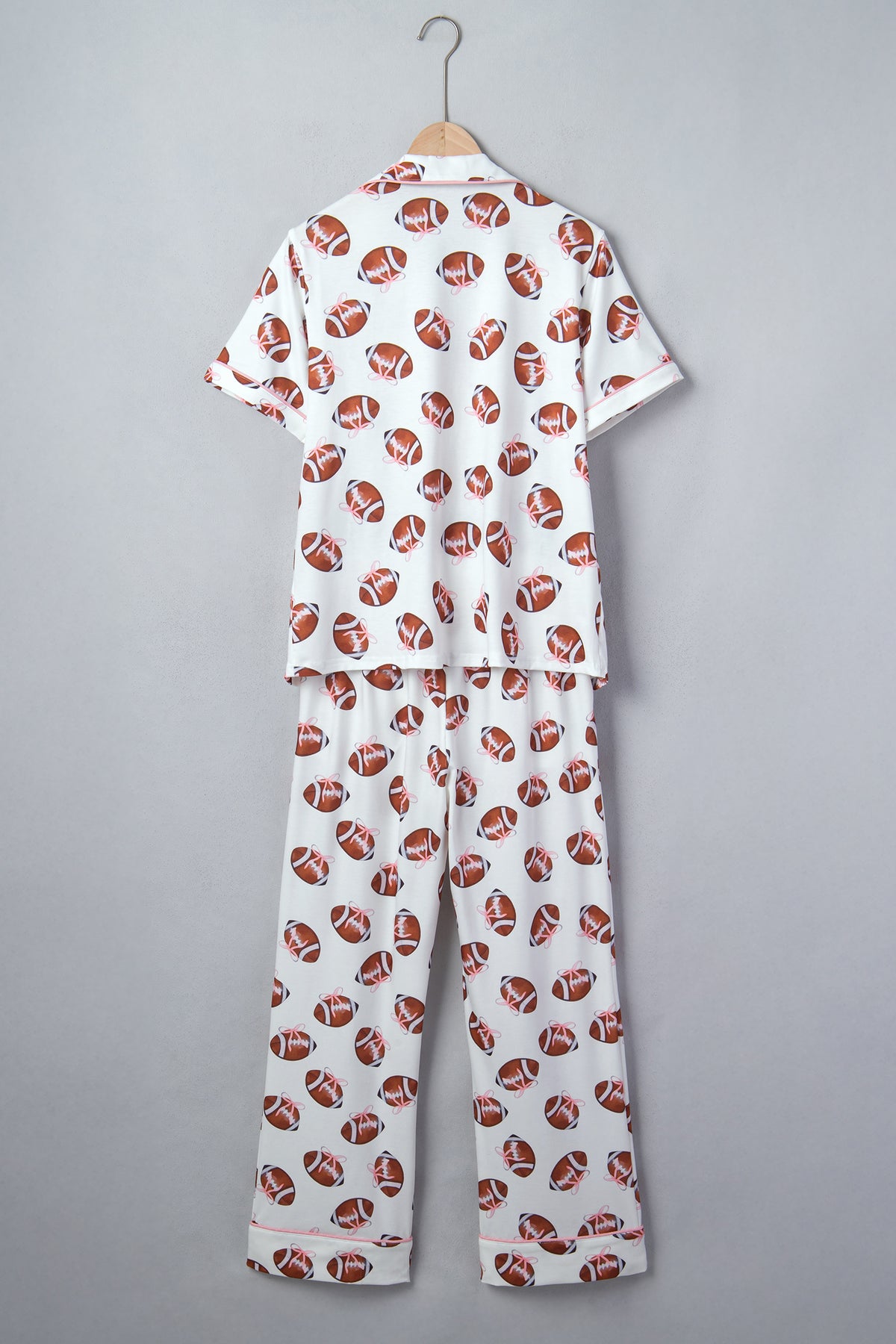 White Rugby Print Button Down Top and Pants Pajama Set