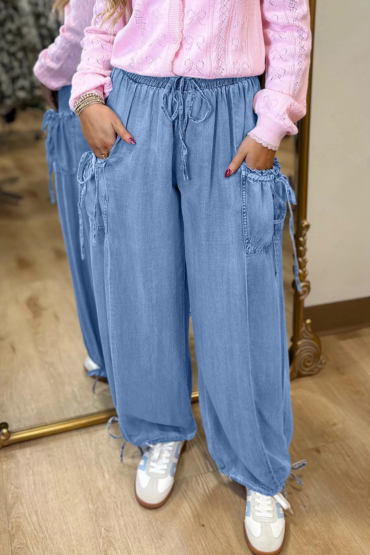 Beau Blue Drawstring Elastic Waist Pocketed Loose Denim Pants