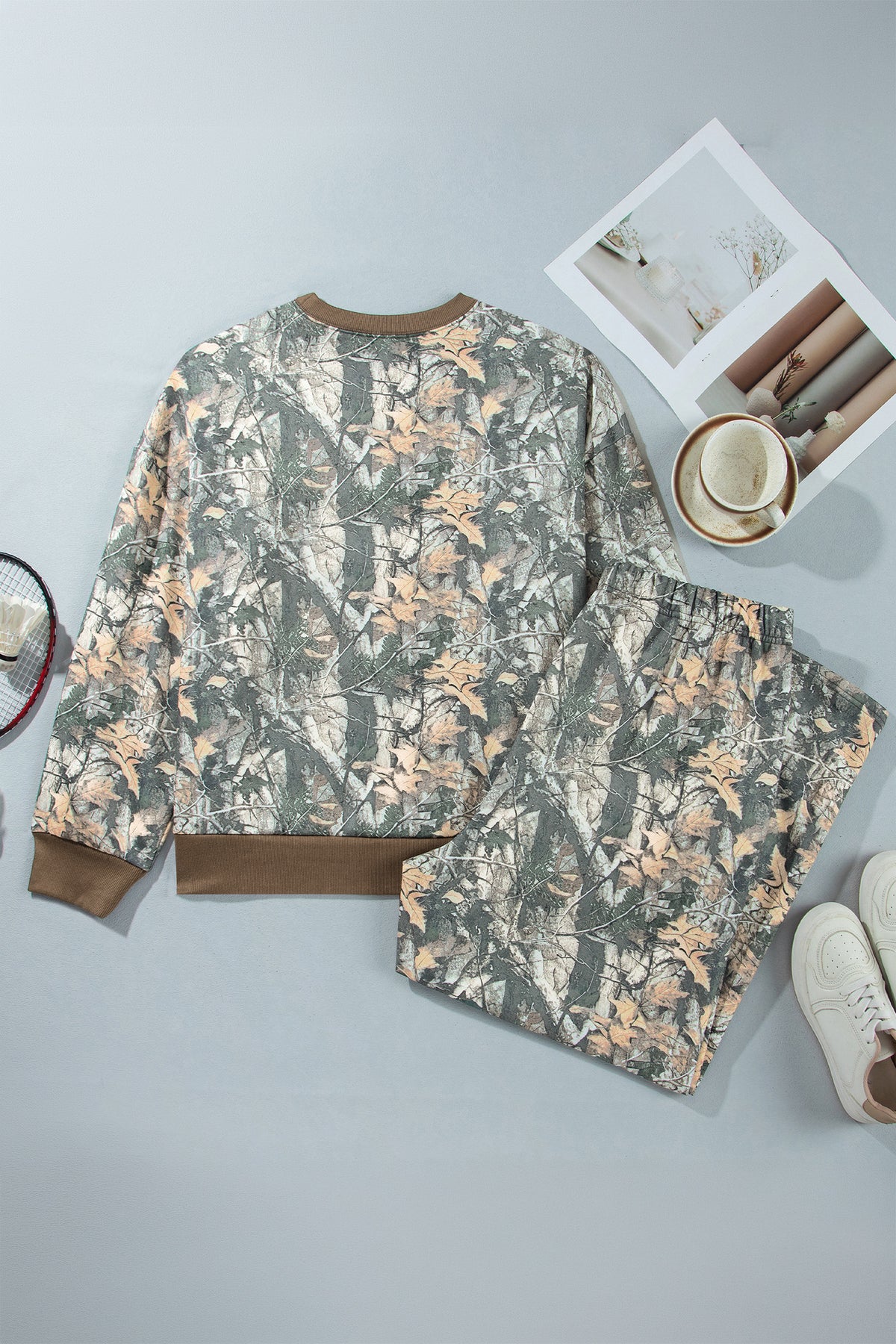 Brown Jungle Camouflage Print Ribbed Trim Long-Sleeve Top Plus Size Pant Set