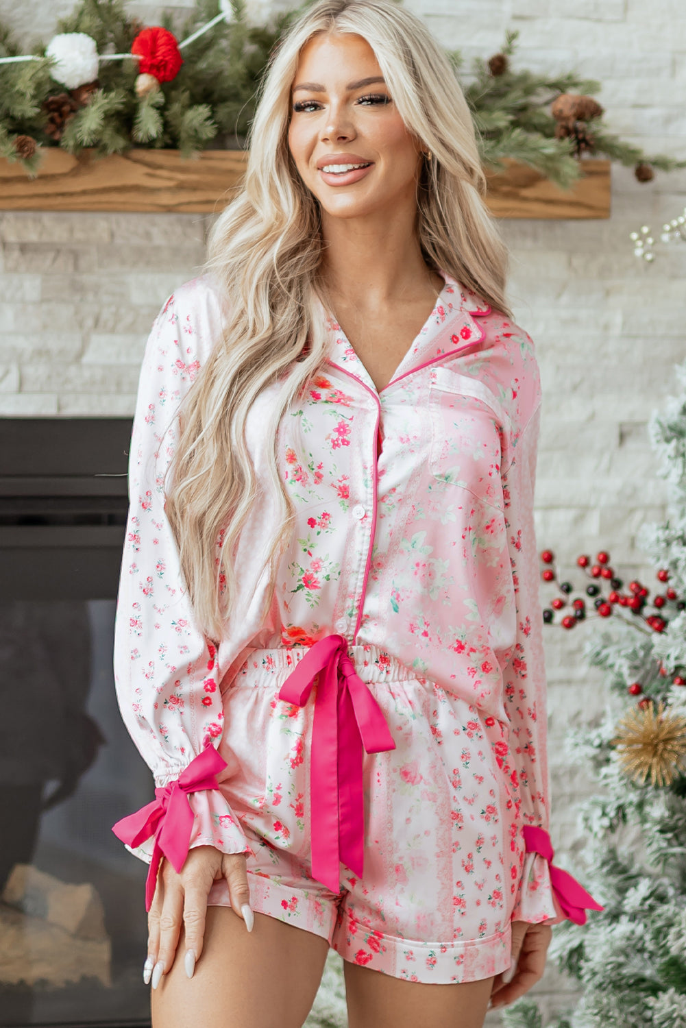 Pink Mixed Floral Print Contrast Piping Trim Satin Tie Pajama Set