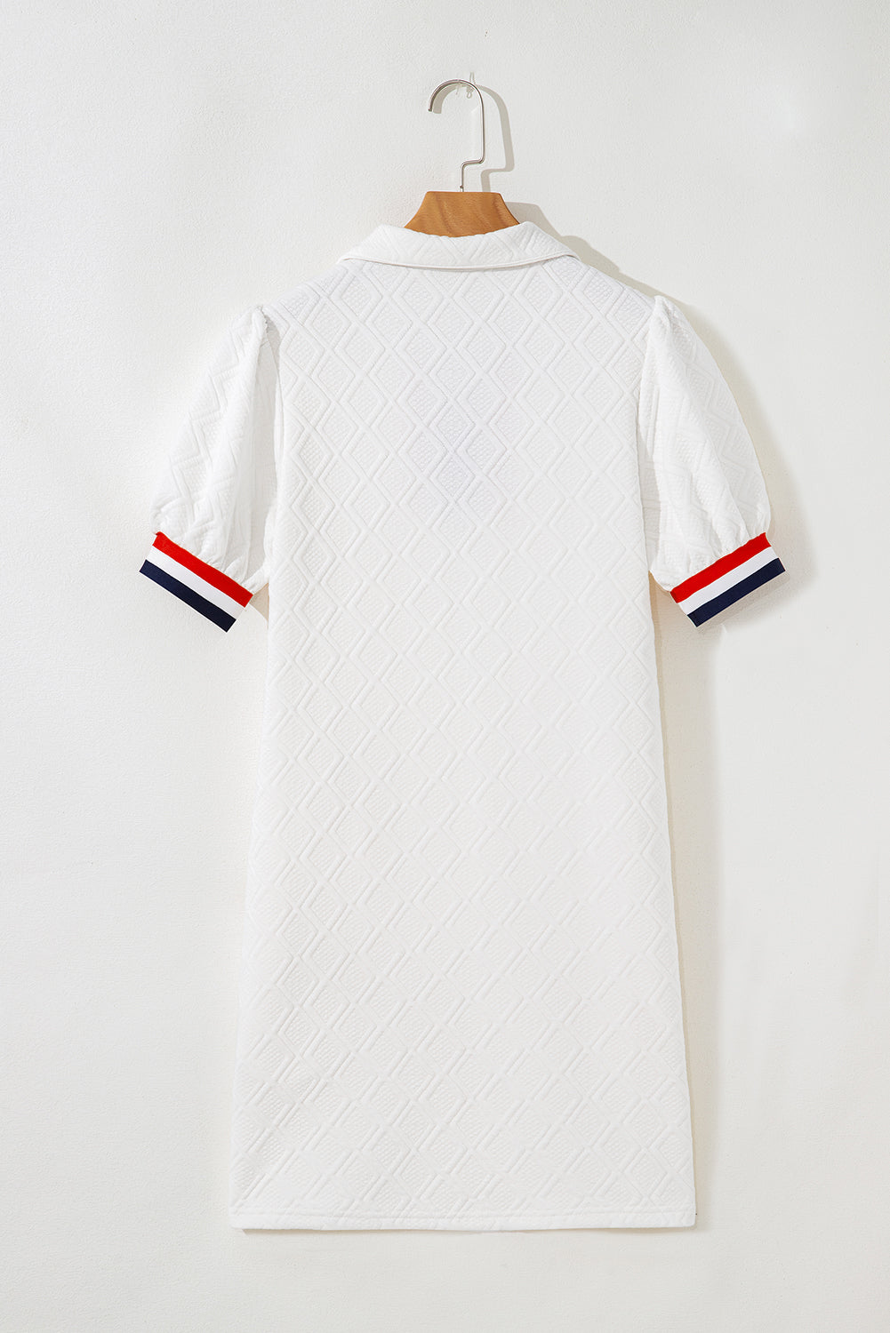 White Jacquard Colorblock Edge Puff Sleeve Quarter Zip Mini Dress