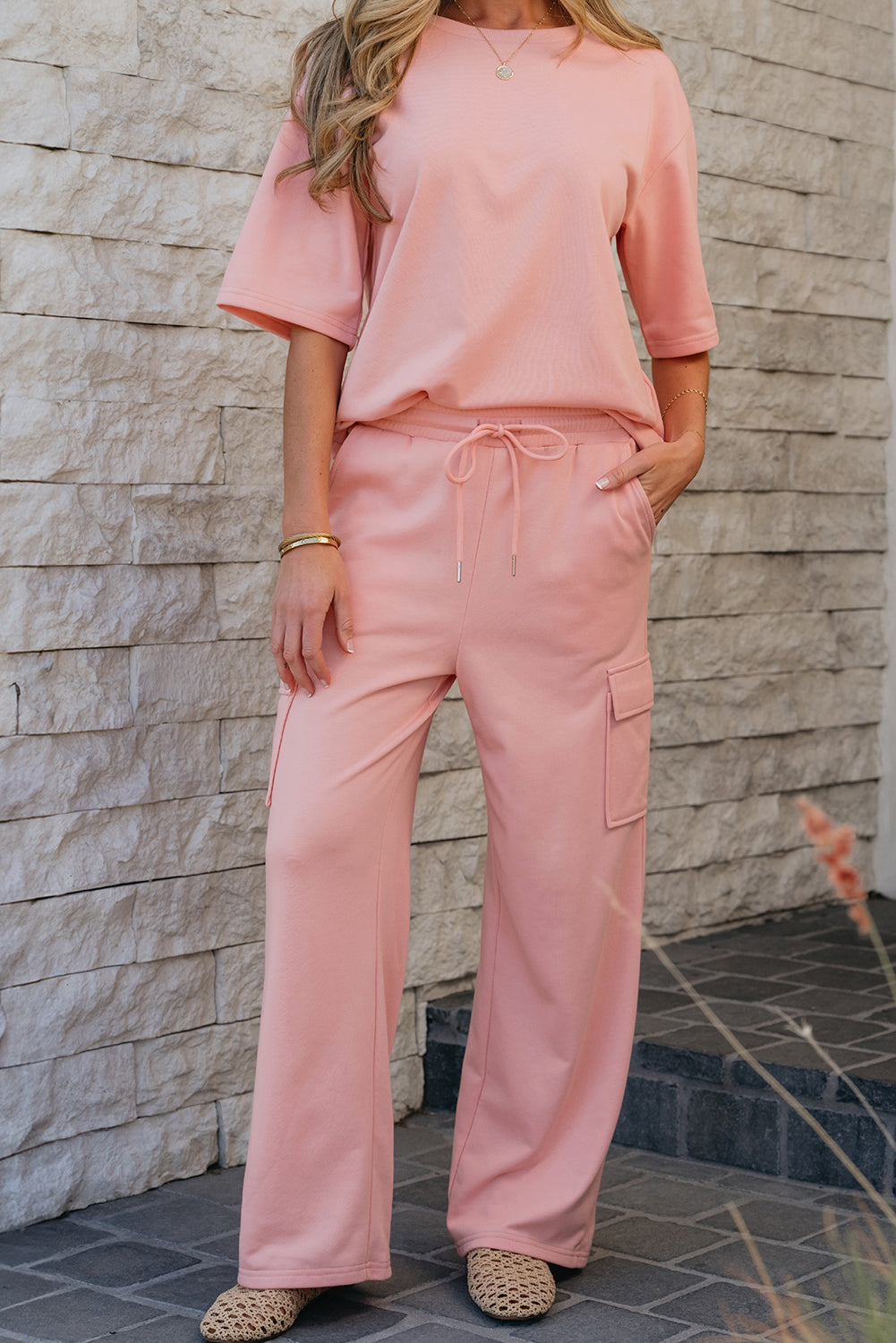 Women's Apricot Pink Half Sleeve T-Shirt & Cargo Sweatpants Set