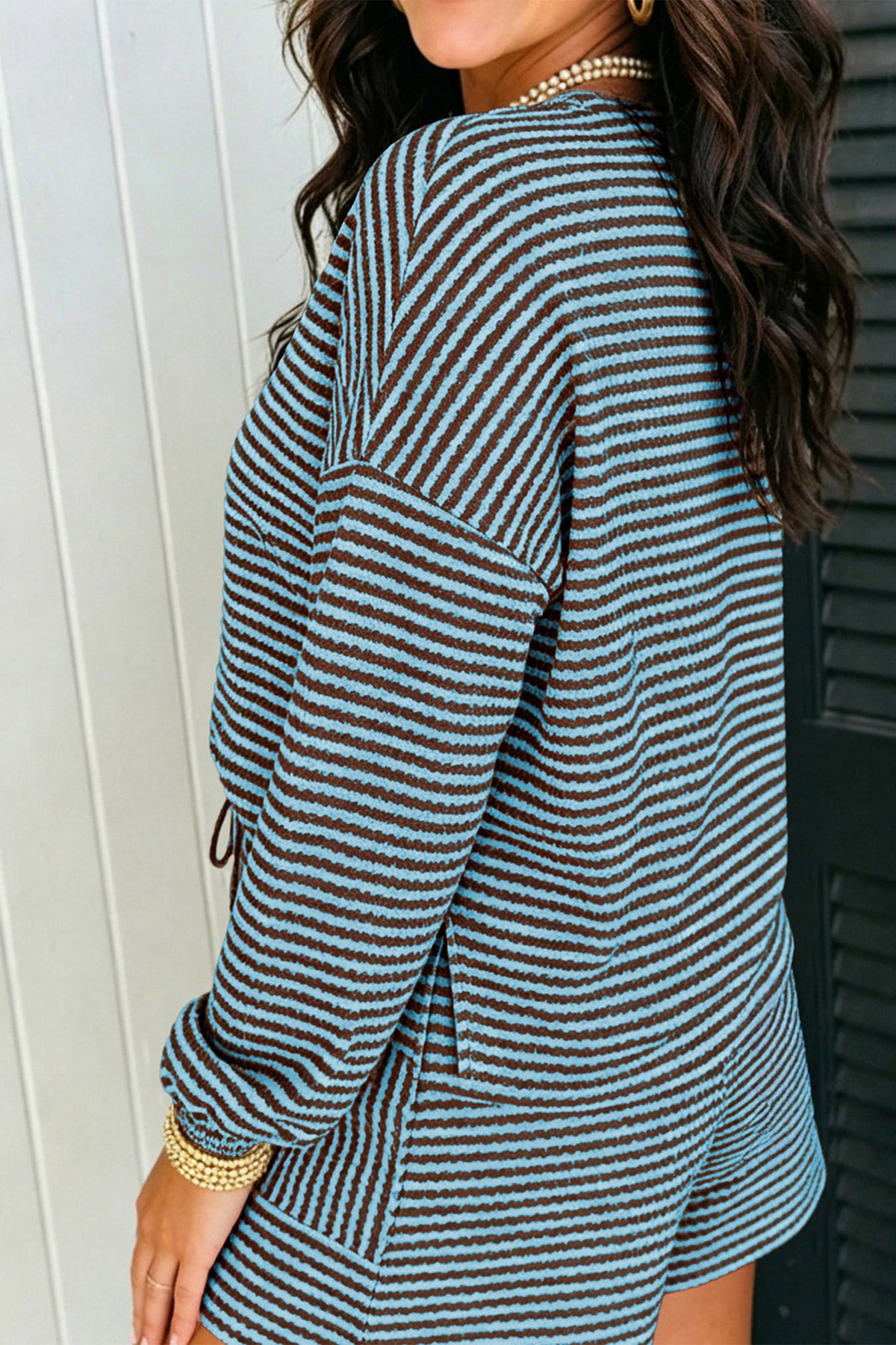 Sky Blue Stripe Textured Knit Long Sleeve Top Elastic Waist Shorts Set