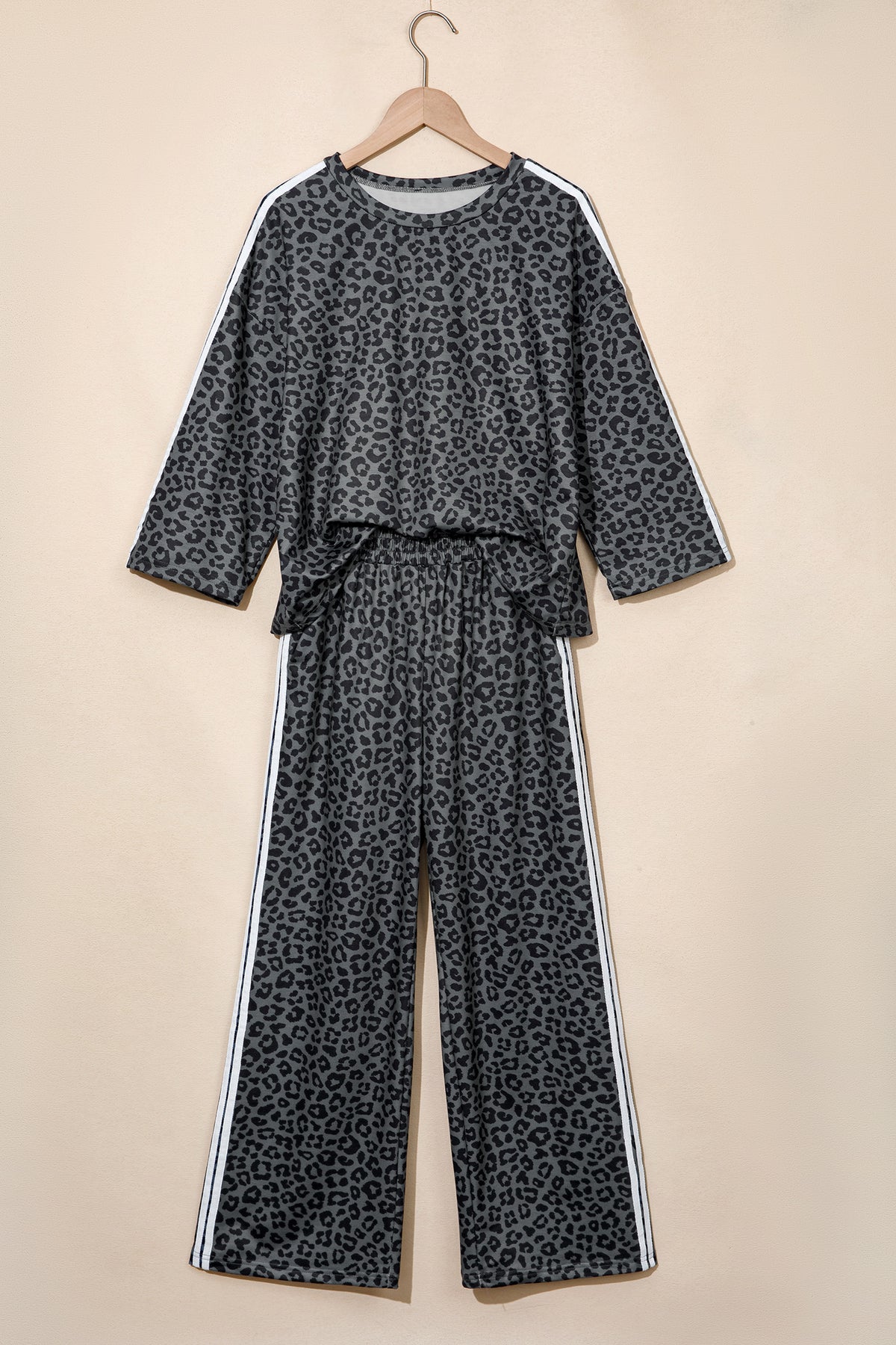 Women's Gray Leopard Print Varsity Striped Detail 3/4 Sleeve Top Shift Pants Set