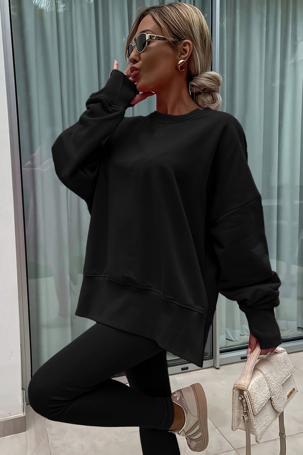 Green Bay Solid Color Oversize Slit Sweatshirt Ribbed Leggings 2pcs Set