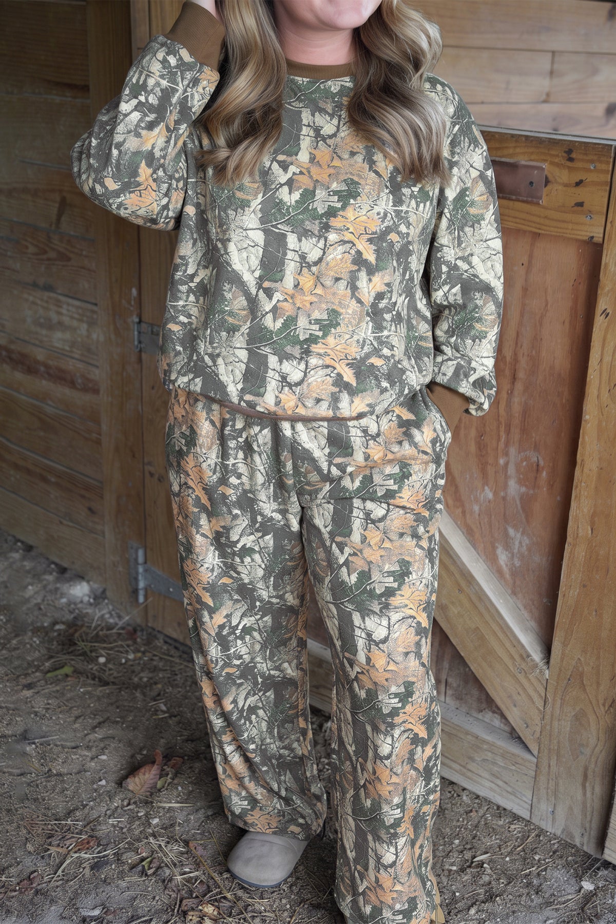 Brown Jungle Camouflage Print Ribbed Trim Long-Sleeve Top Plus Size Pant Set