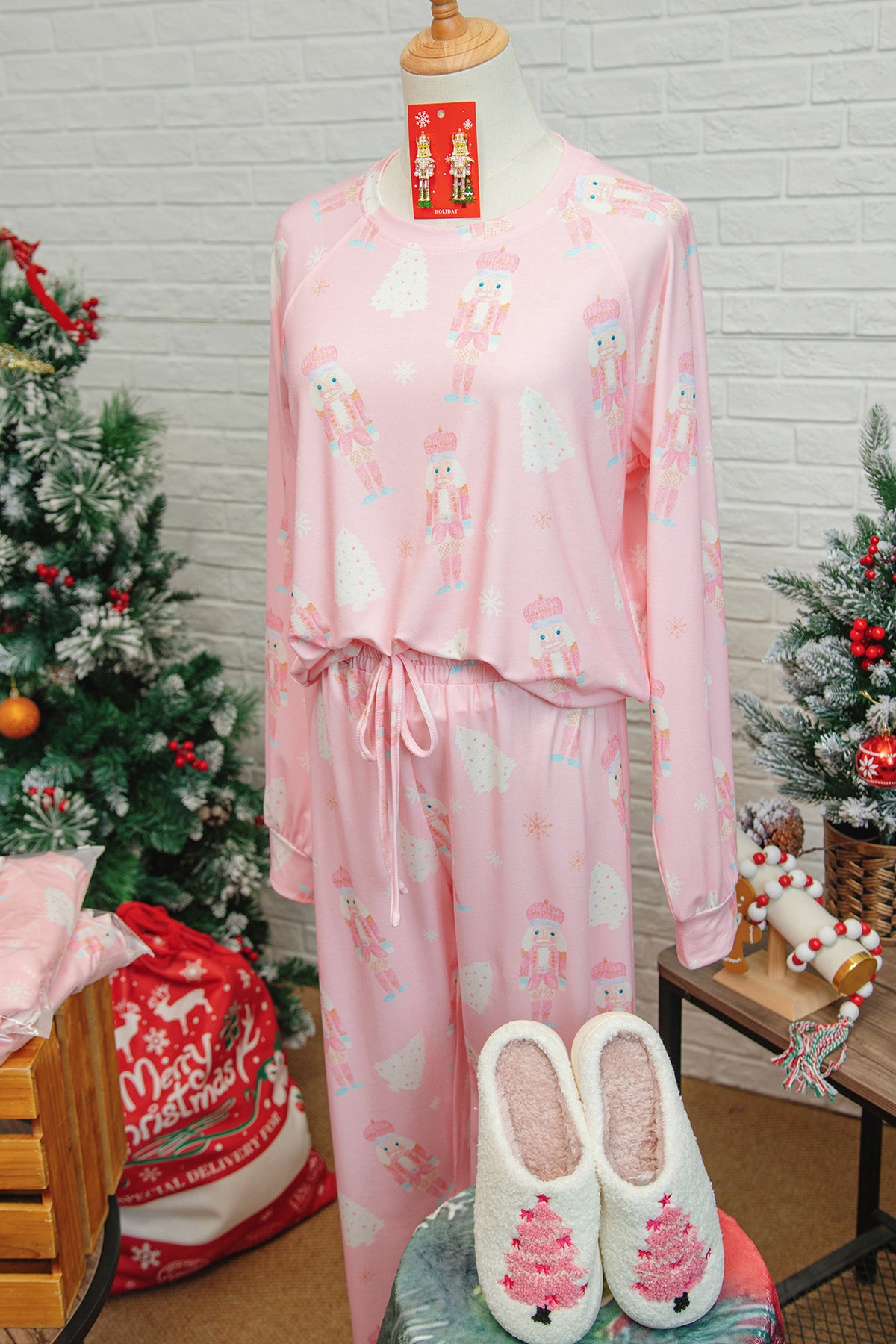 Pink Christmas Tree Nutcracker Print Lounge Pant Set