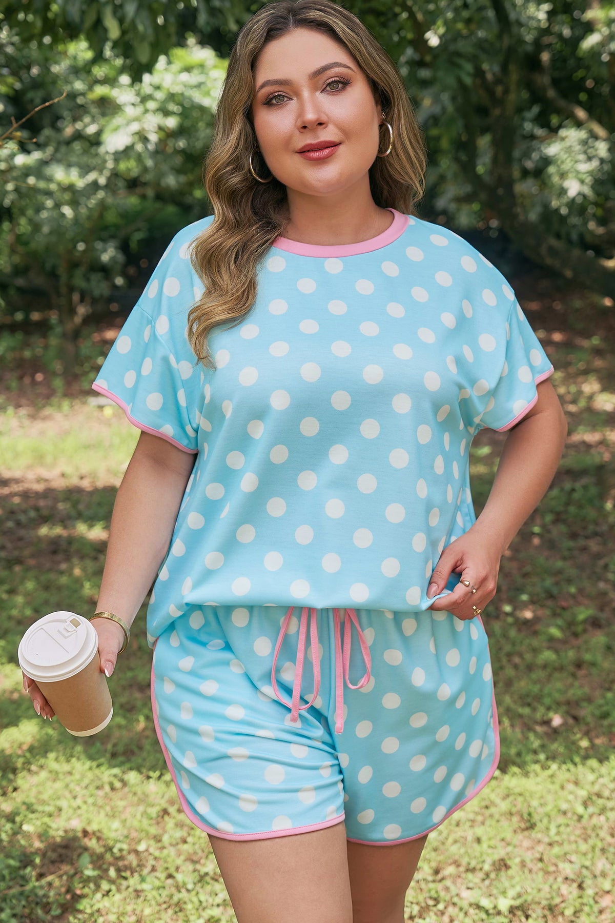 Sky Blue Polka Dot Print Color-Block Trim Plus Size 2pcs Shorts Set
