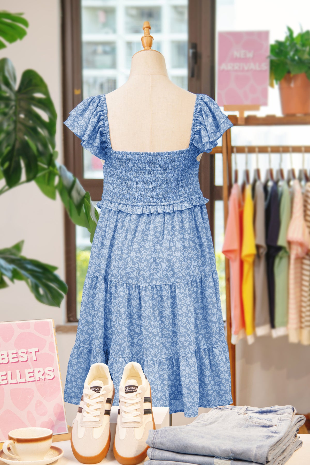 Sky Blue Floral Square Neck Flutter Sleeve Smocked Tiered Mini Dress