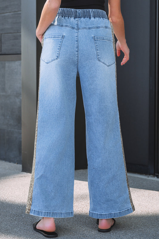 Beau Blue Drawstring Elastic Waist Leopard Striped Side Panel Wide Jeans