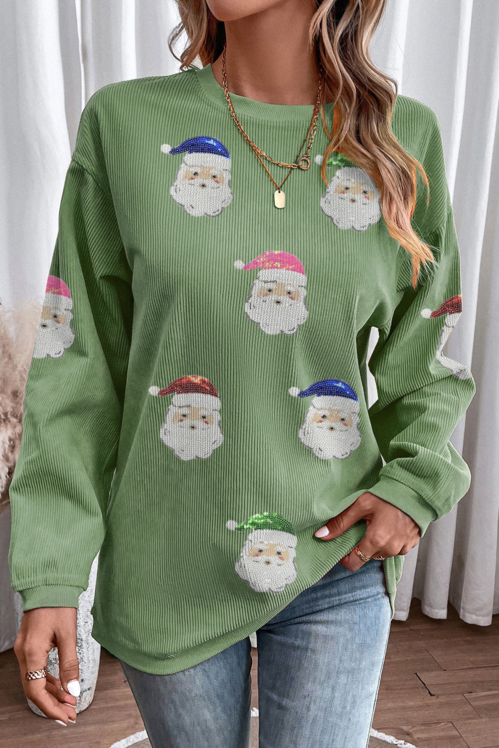 Grass Green Corded Ribbed Sequin Patched Santa Claus Graphic Sweatshirt