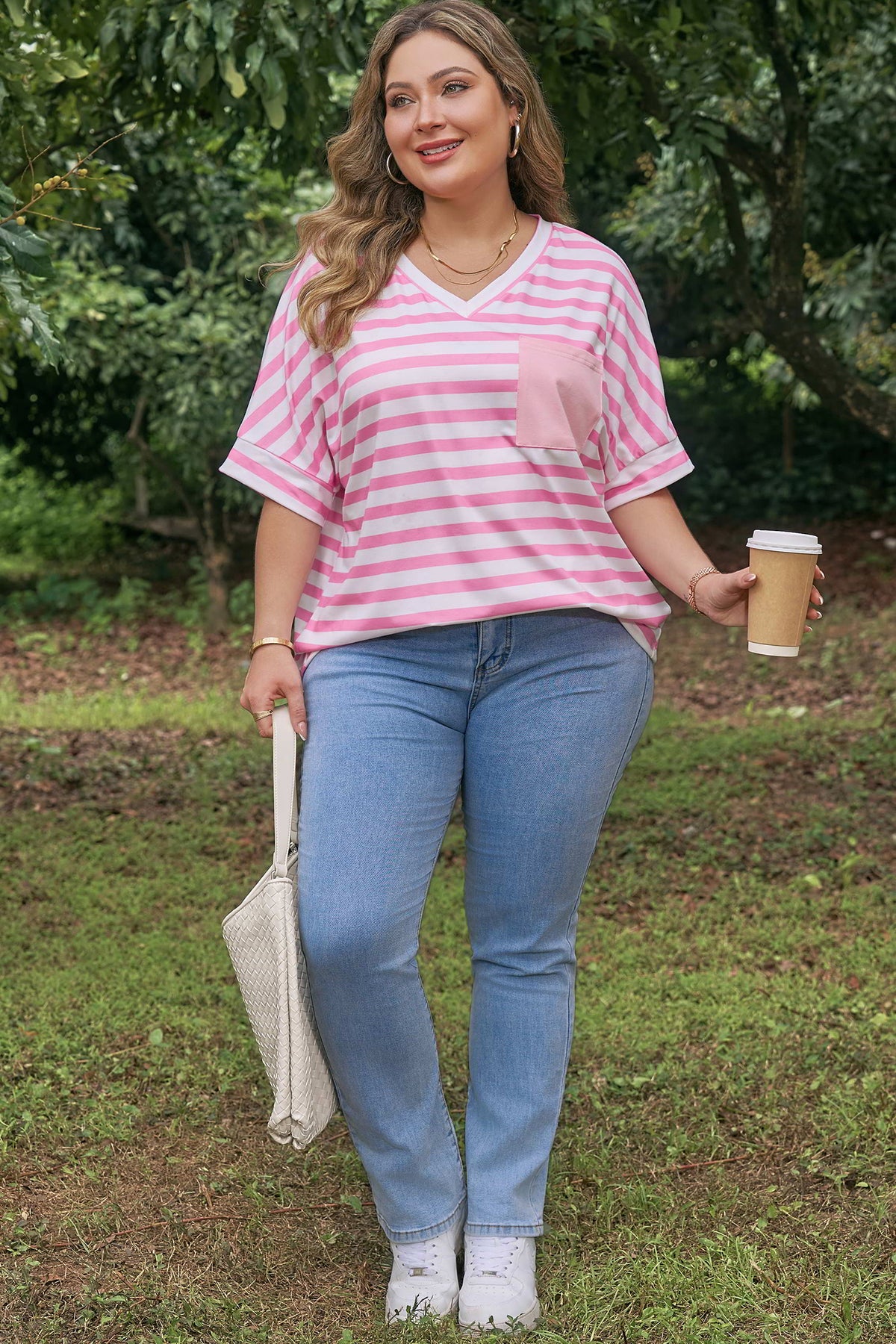 Pink Stripe Color-Block Patched Pocket V-Neck Plus Size Tee