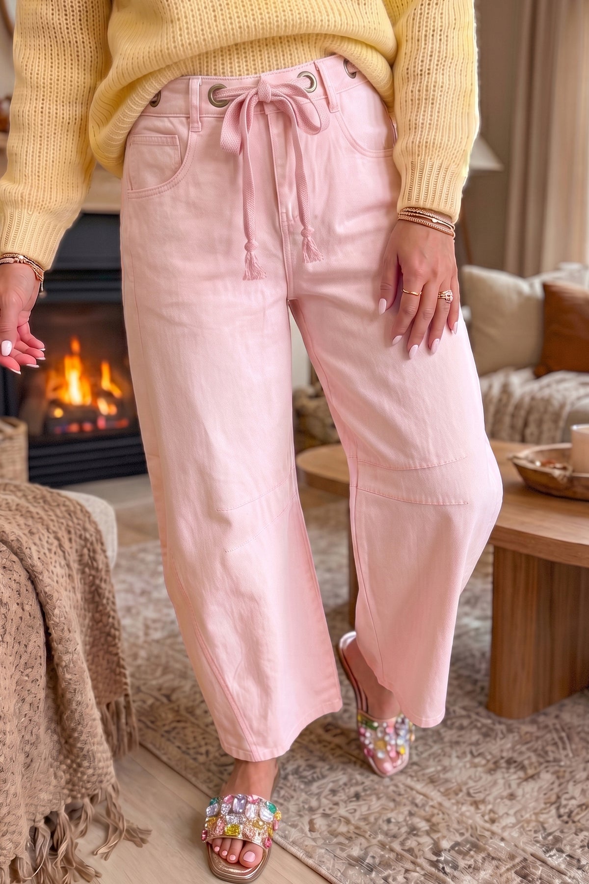 Yellow Solid Grommet Knot Waist Barrel Jeans