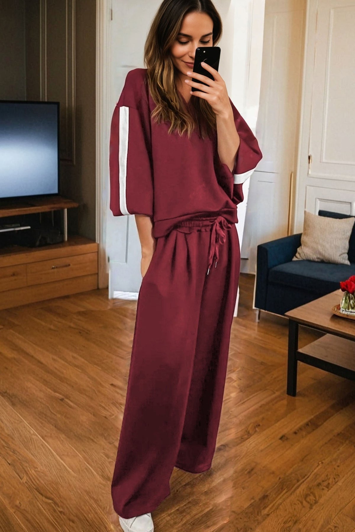 Women's Burgundy Varsity Striped Long-Sleeve Pullover Sweatpants Set