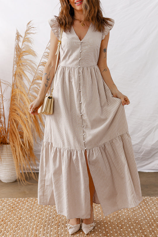 Khaki Stripe Flutter Sleeve Buttoned Front Slit Maxi Dress