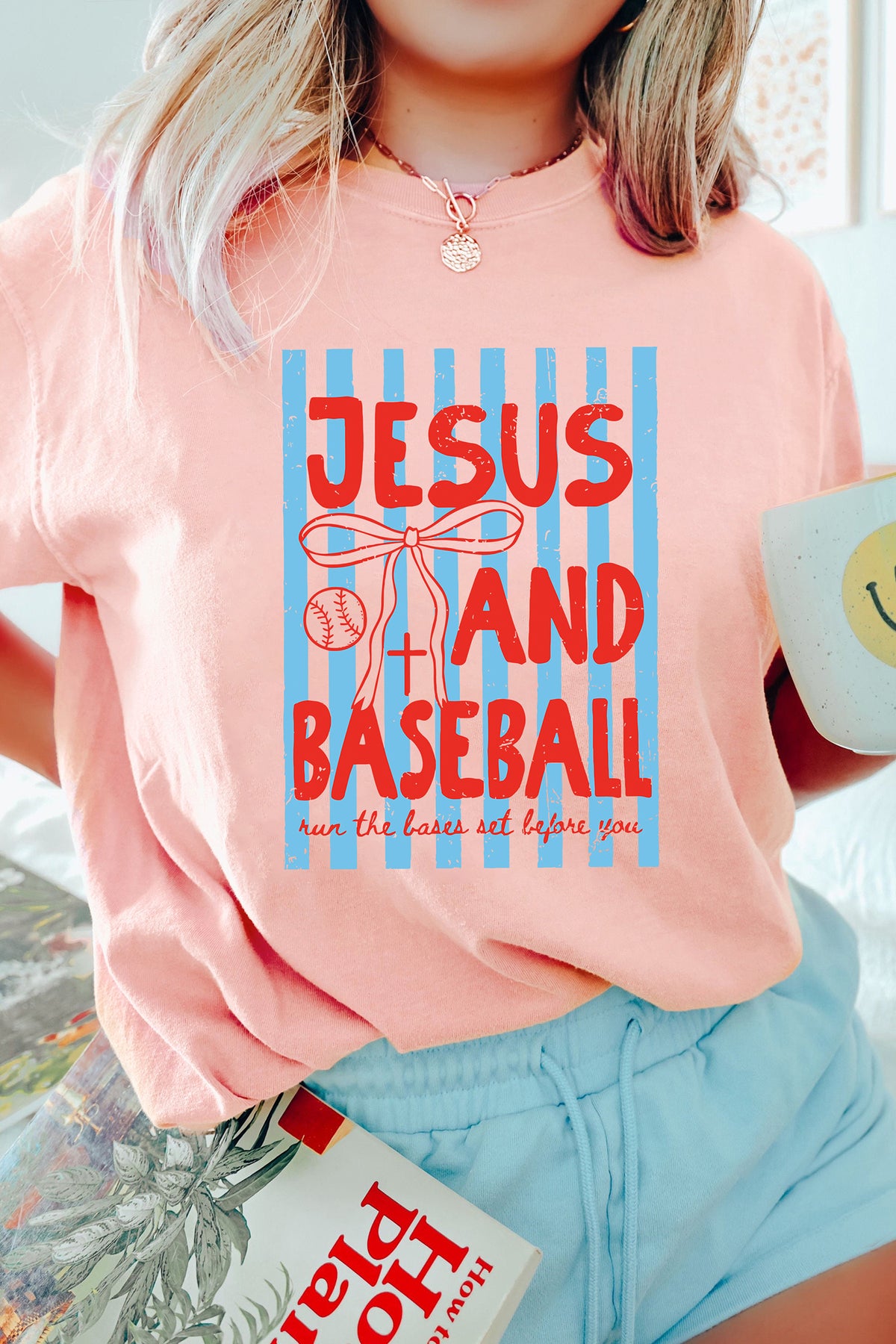 Pink JESUS AND BASEBALL Coquette Striped Print T-Shirt