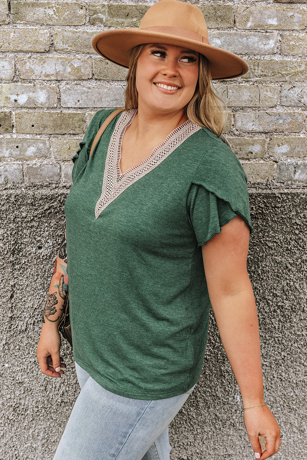 Blackish Green Plus Size Embroidery V-Neck Draped Sleeve Blouse