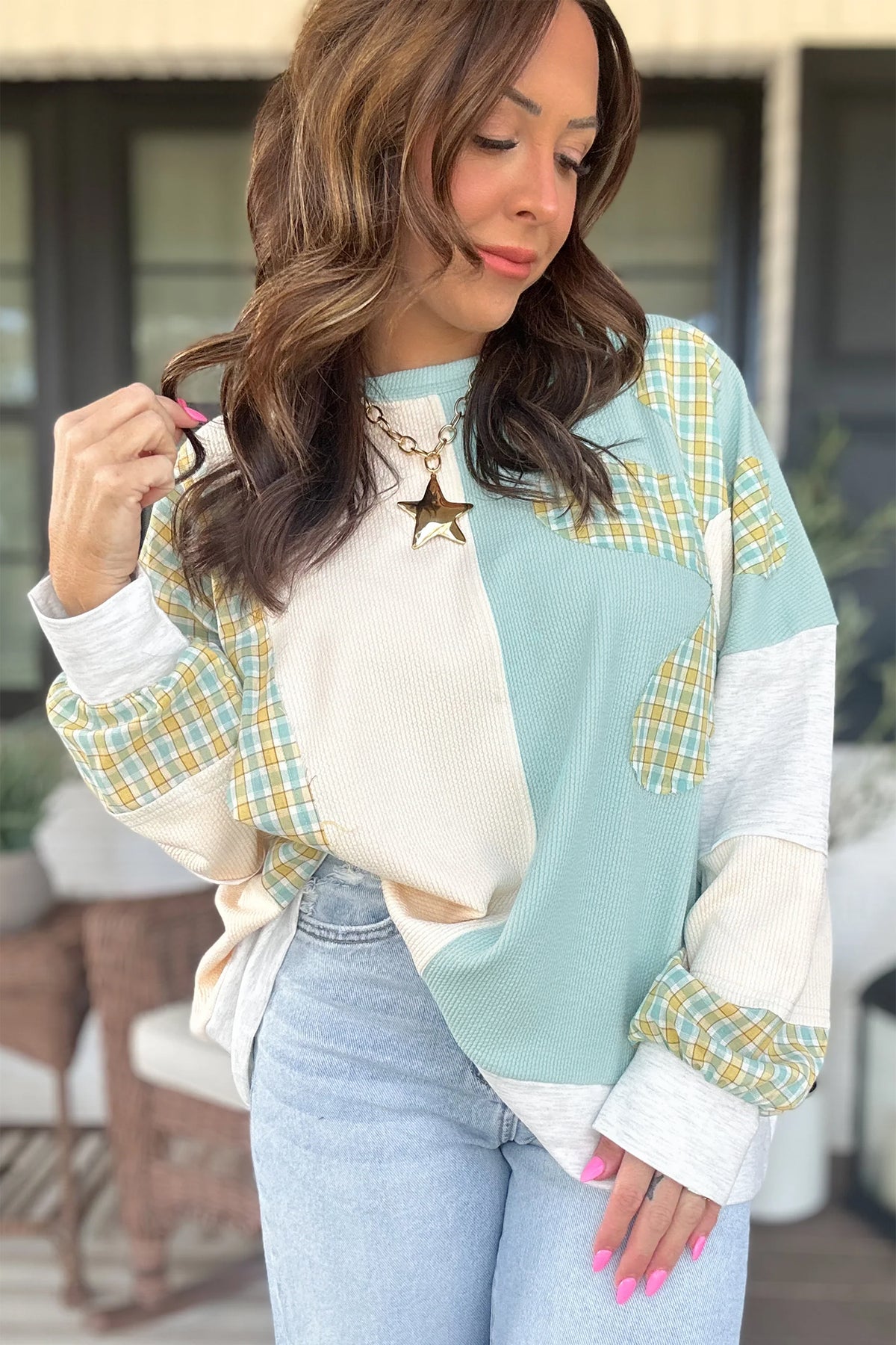 Light Blue Plaid Patchwork Round Neck Top