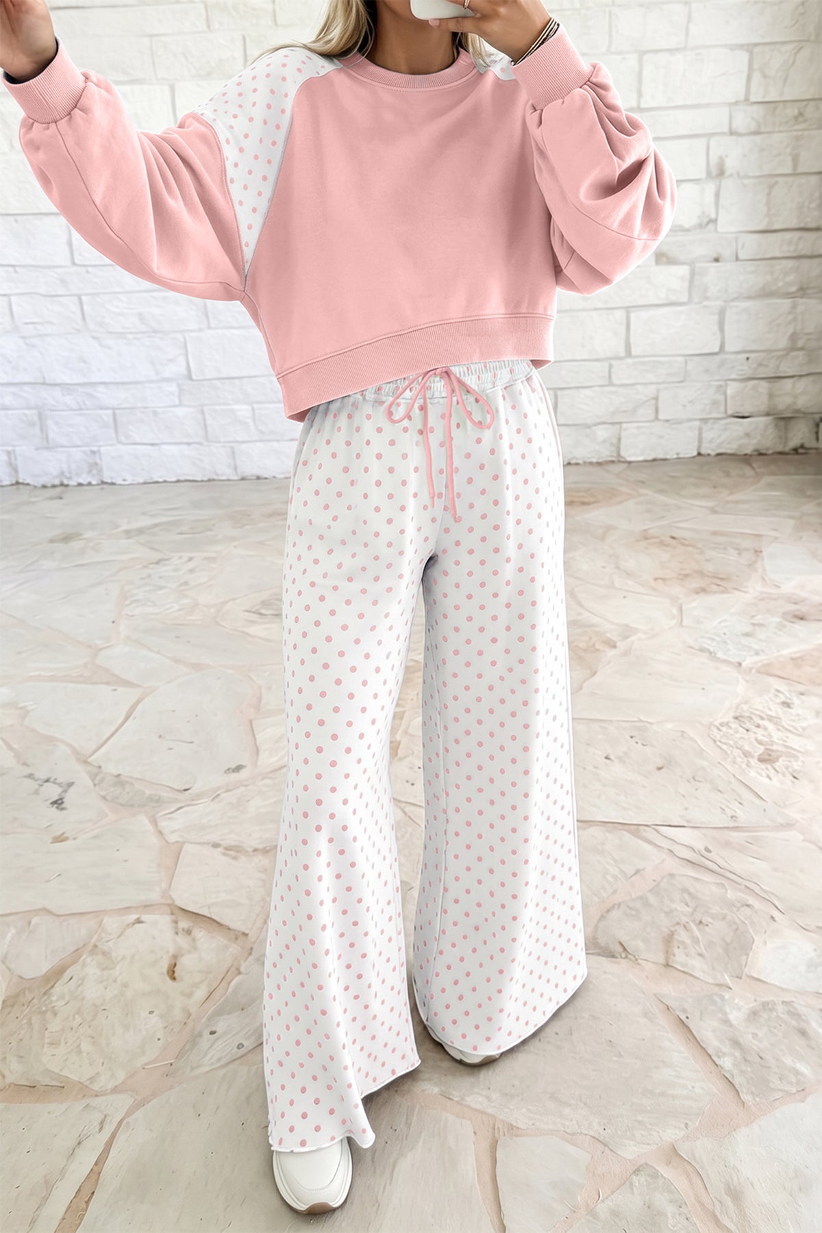 Women's Green Polka Dot Patchwork Colorblock Long-Sleeve Casual Two-Piece Pants Set