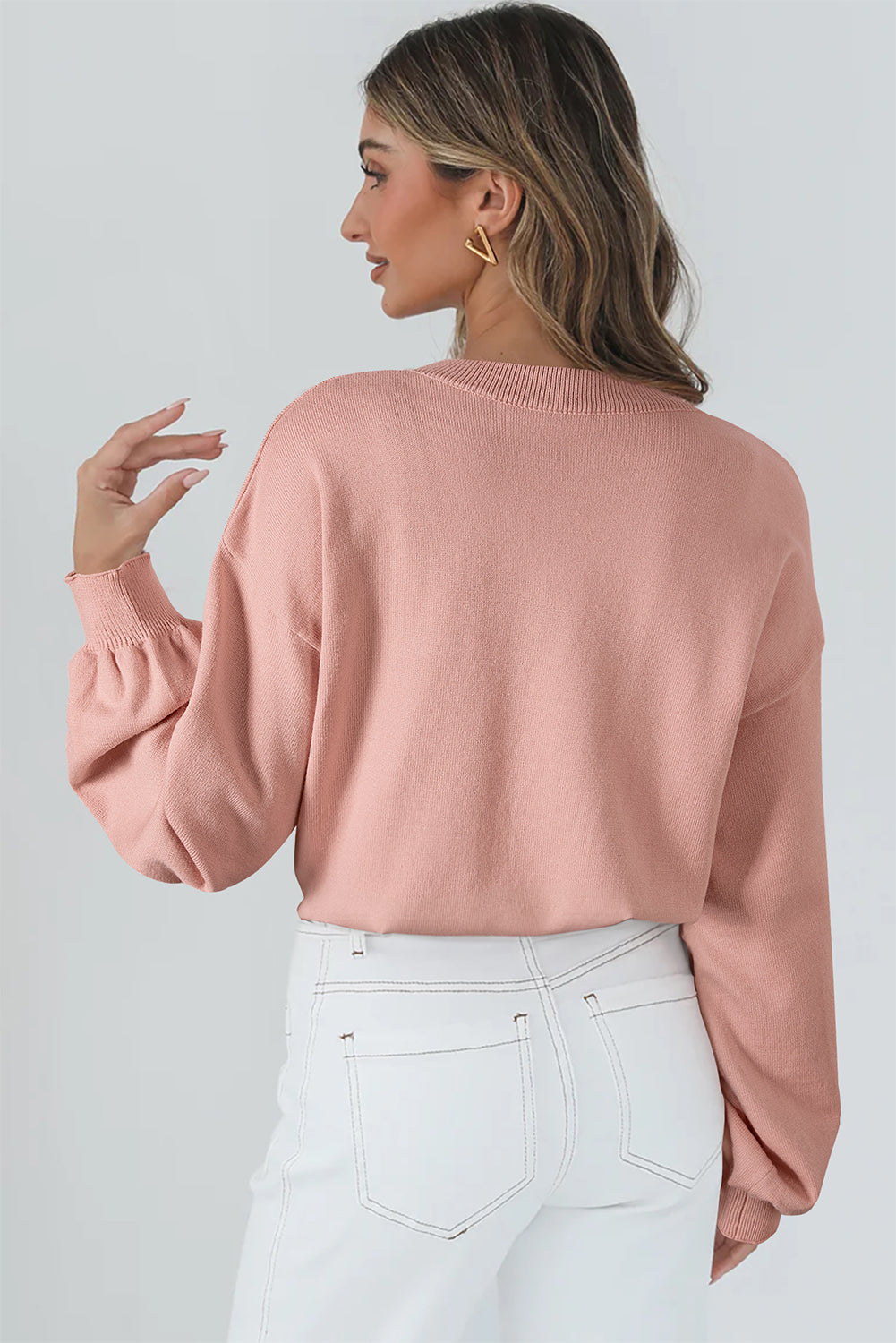 Peach Blossom Big Flower Accent Bubble Sleeve Drop Shoulder Sweater
