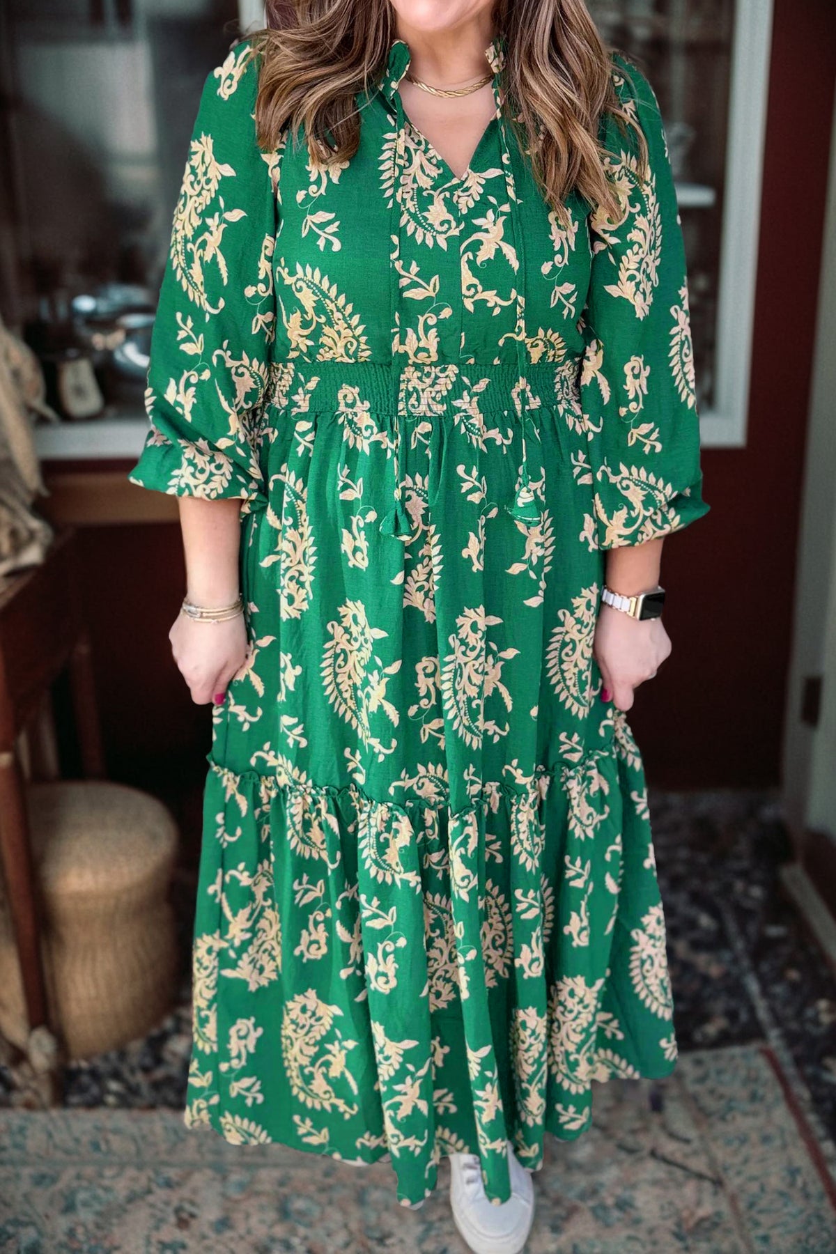Green Floral Print V-Neck Shift Dress Plus Size Dress