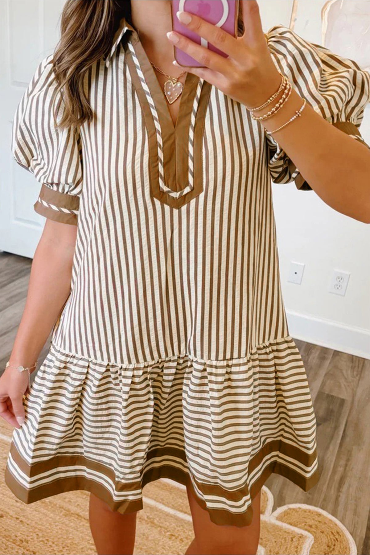 Brown Stripe Shirt Collar Color Block Patchwork Ruffle Hem Short Dress