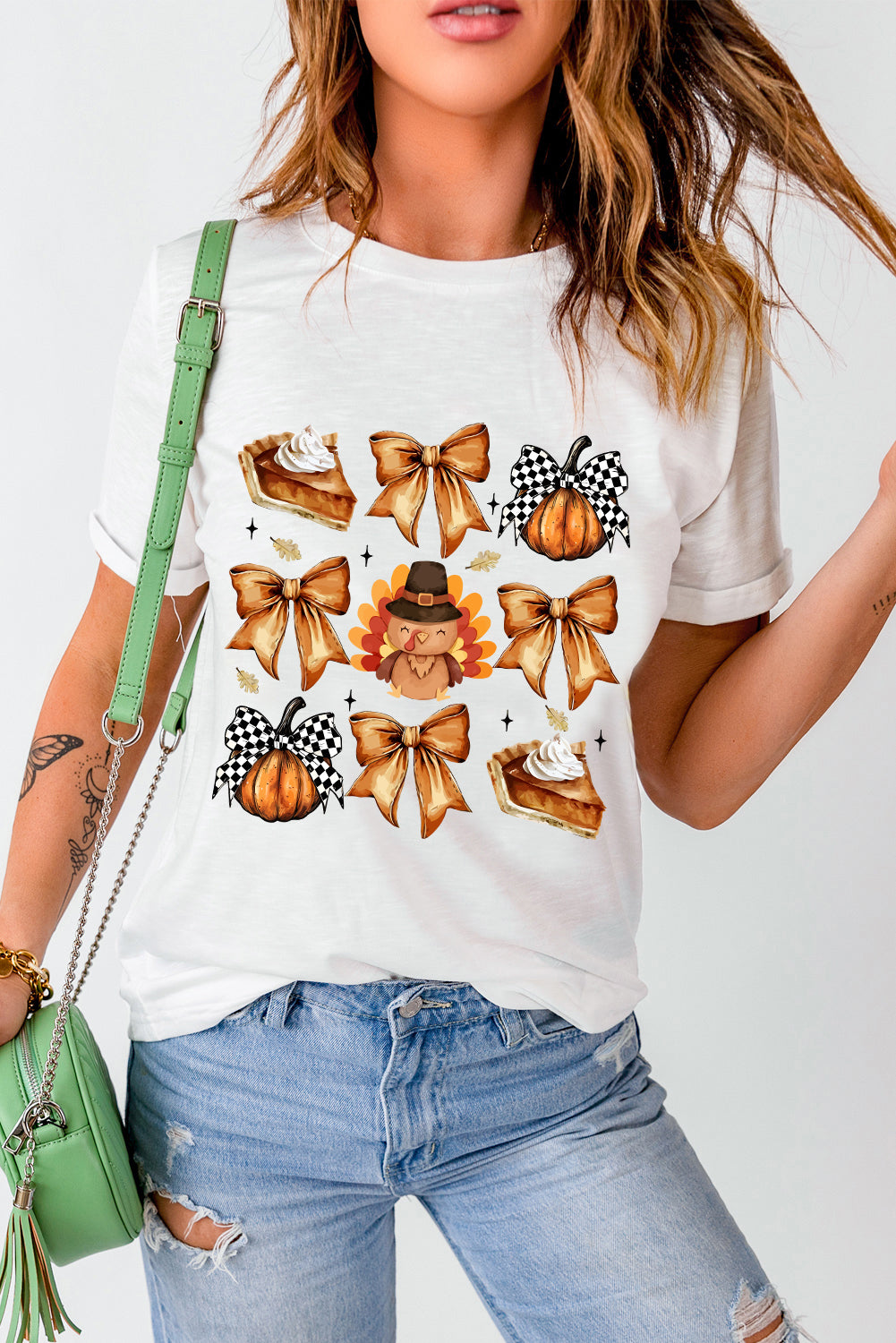 White Cute Bowknot Tanksgiving Graphic Crewneck T-Shirt
