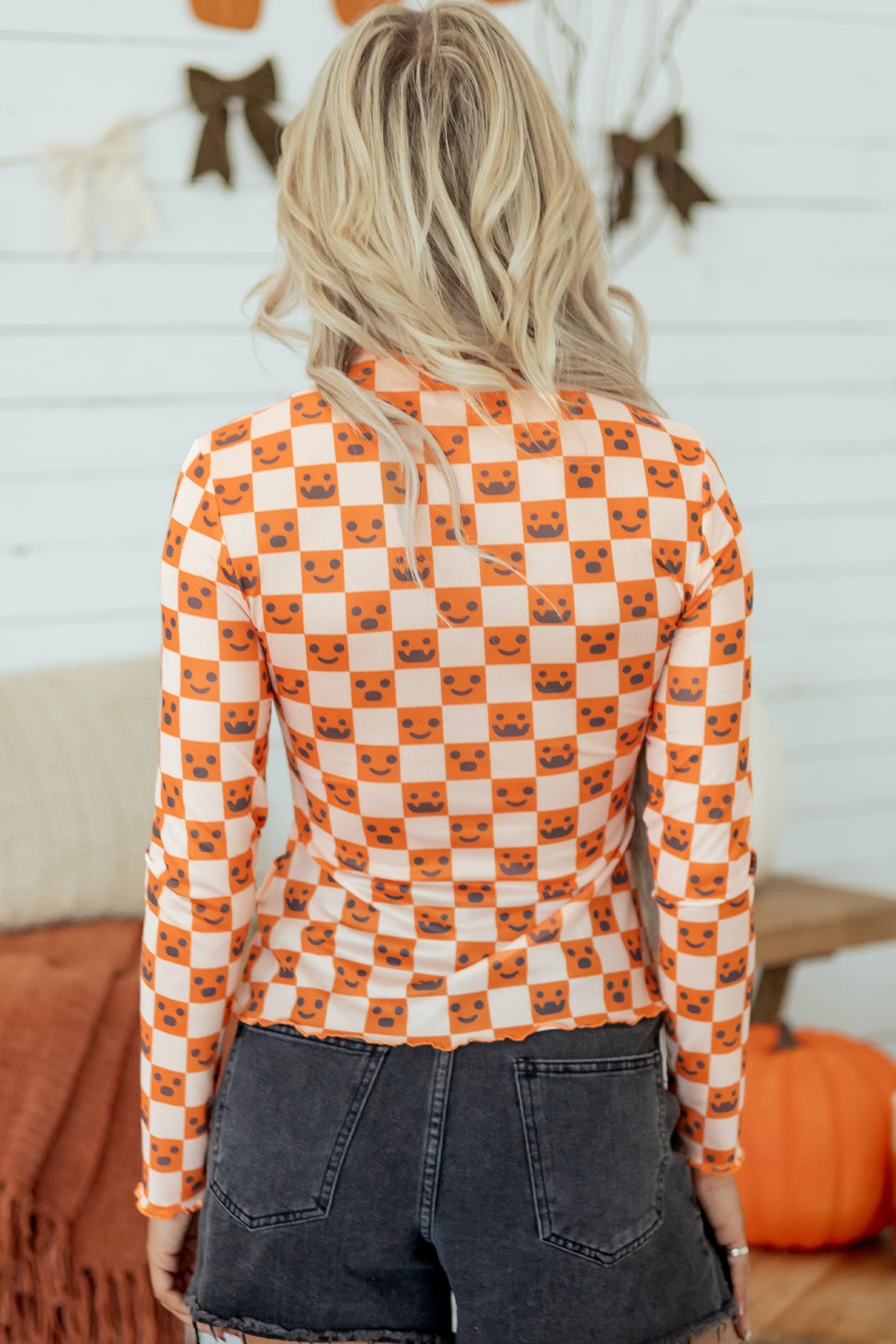 Orange Abstract Halloween Pattern Stand Neck Shift Blouse