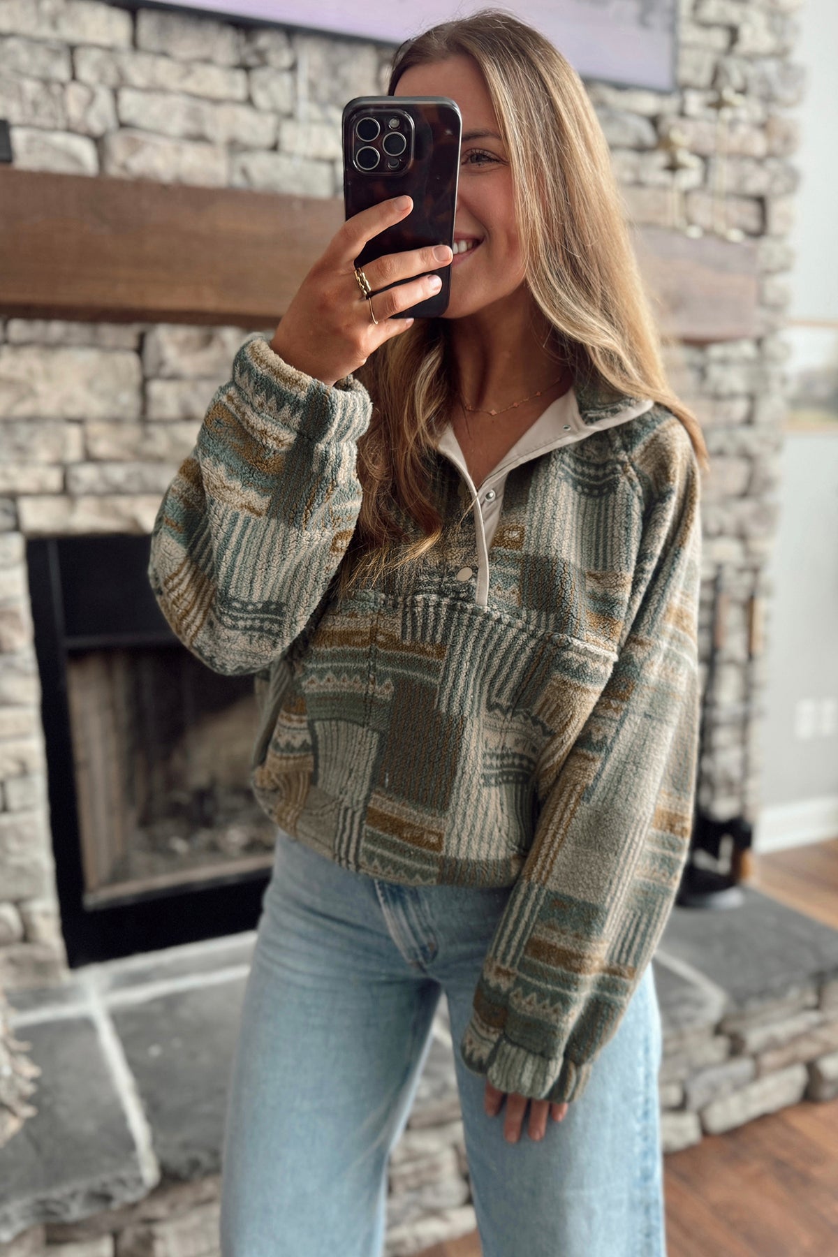 Green Western Print Fleece Pullover Fit Sweatshirt