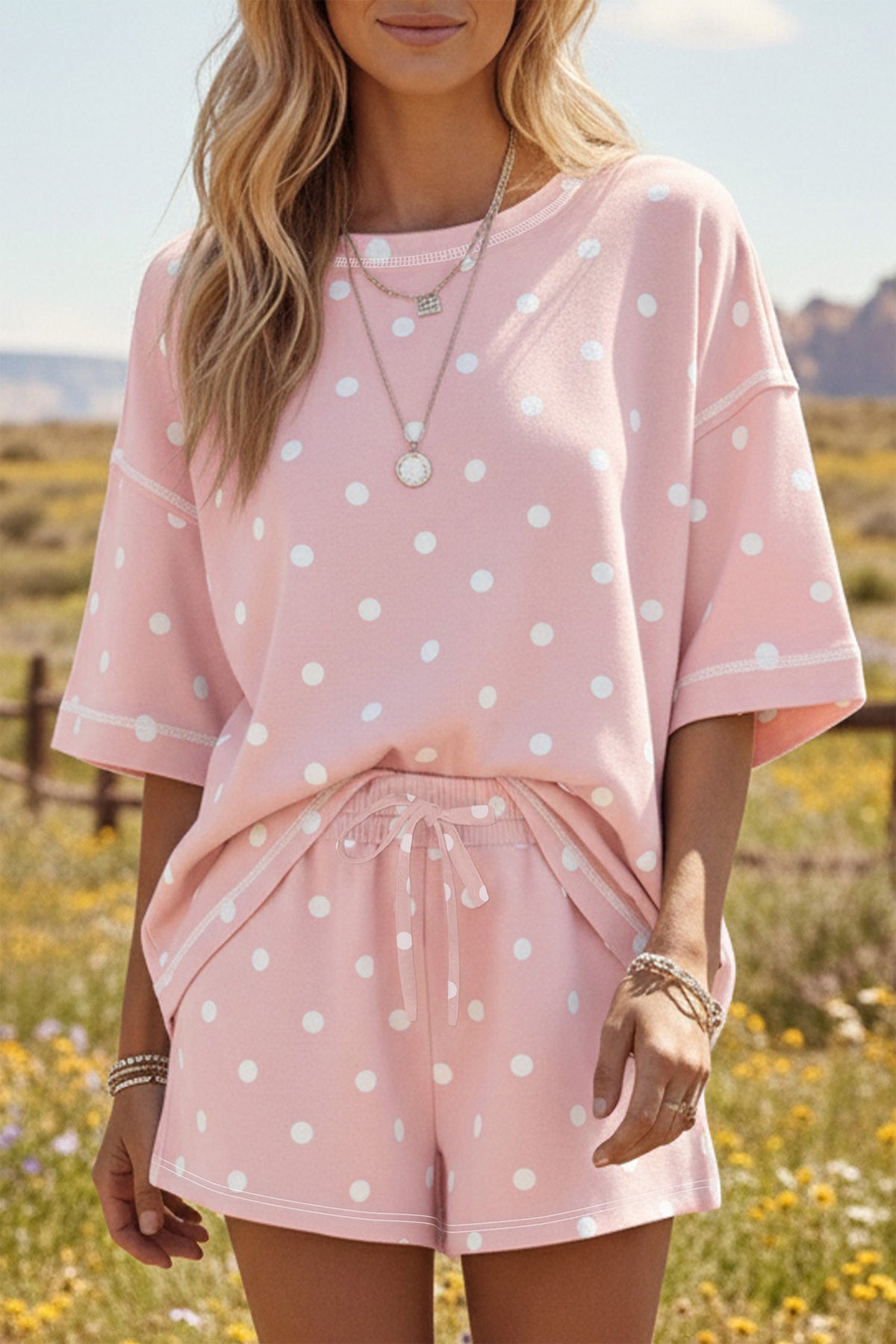 Women's Pink Polka Dot Short-Sleeve Loose Top Drawstring Shorts Set