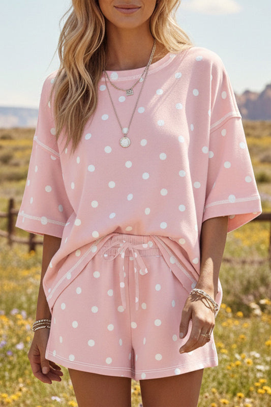 Women's Pink Polka Dot Short-Sleeve Loose Top Drawstring Shorts Set