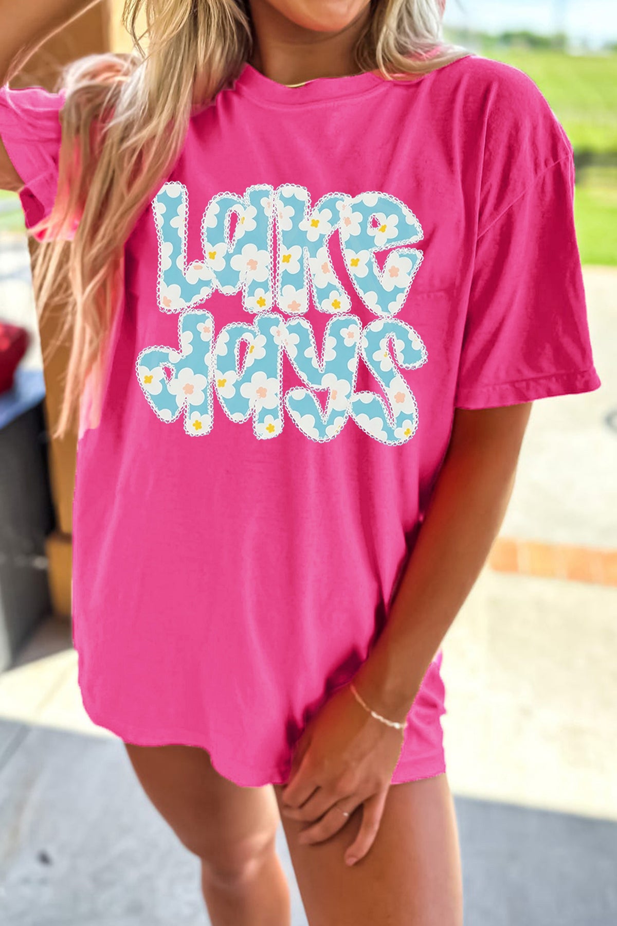 Rose Red LAKE DAYS Floral Lettering T-Shirt