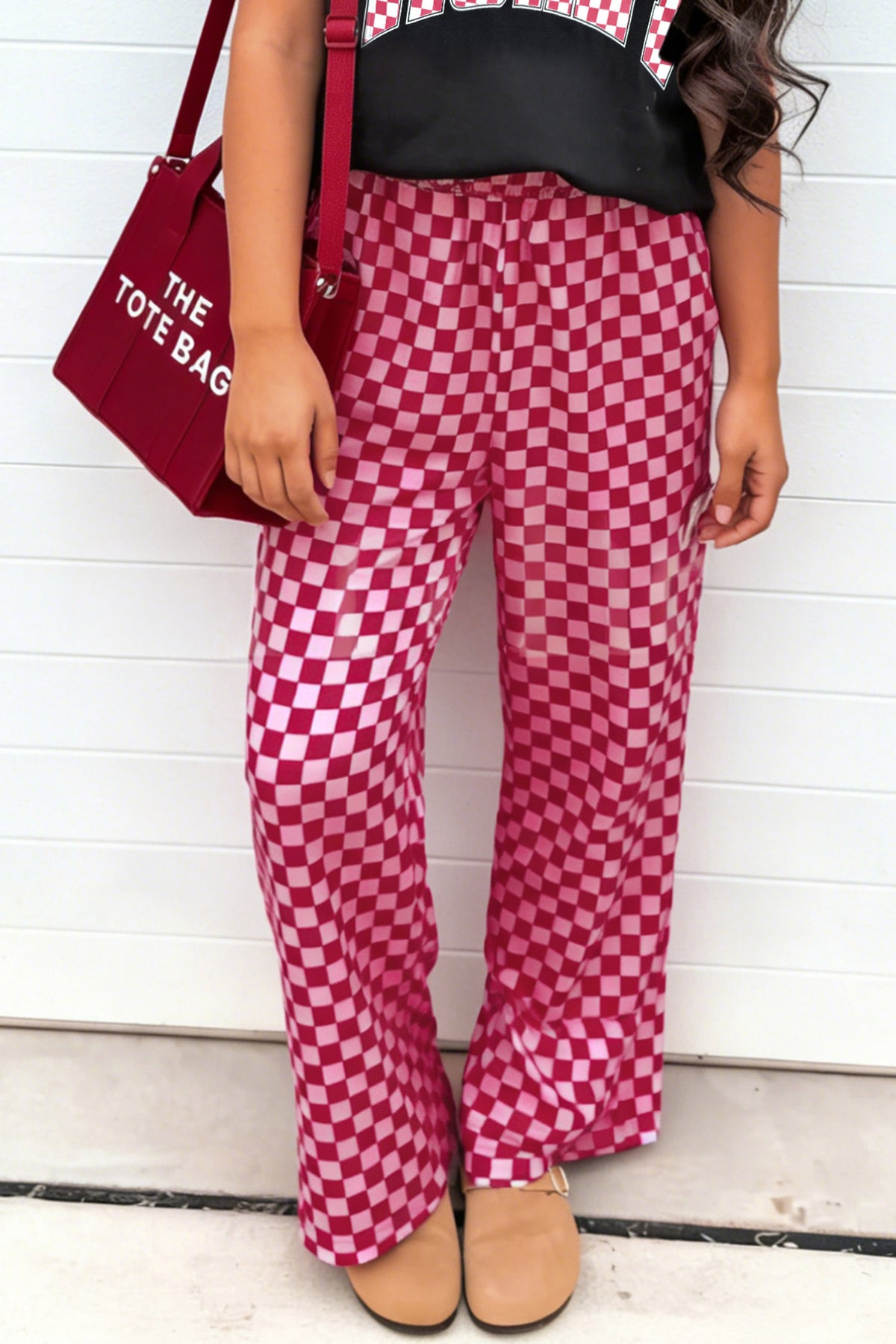 Rose Plaid Checkered Full-Length Casual Pants with Side Pockets