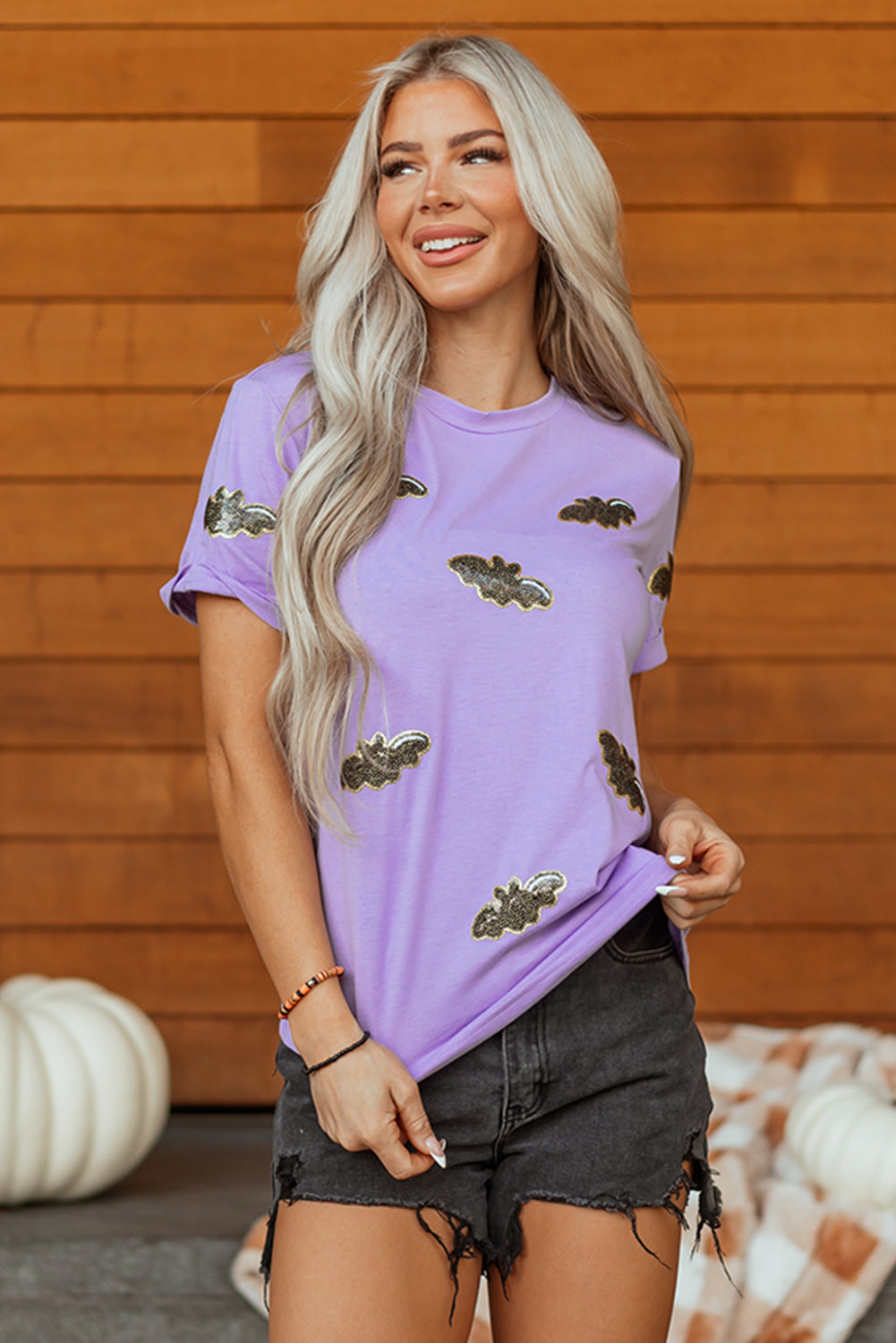 Wisteria Sequin Halloween Bat Patched Casual T-Shirt
