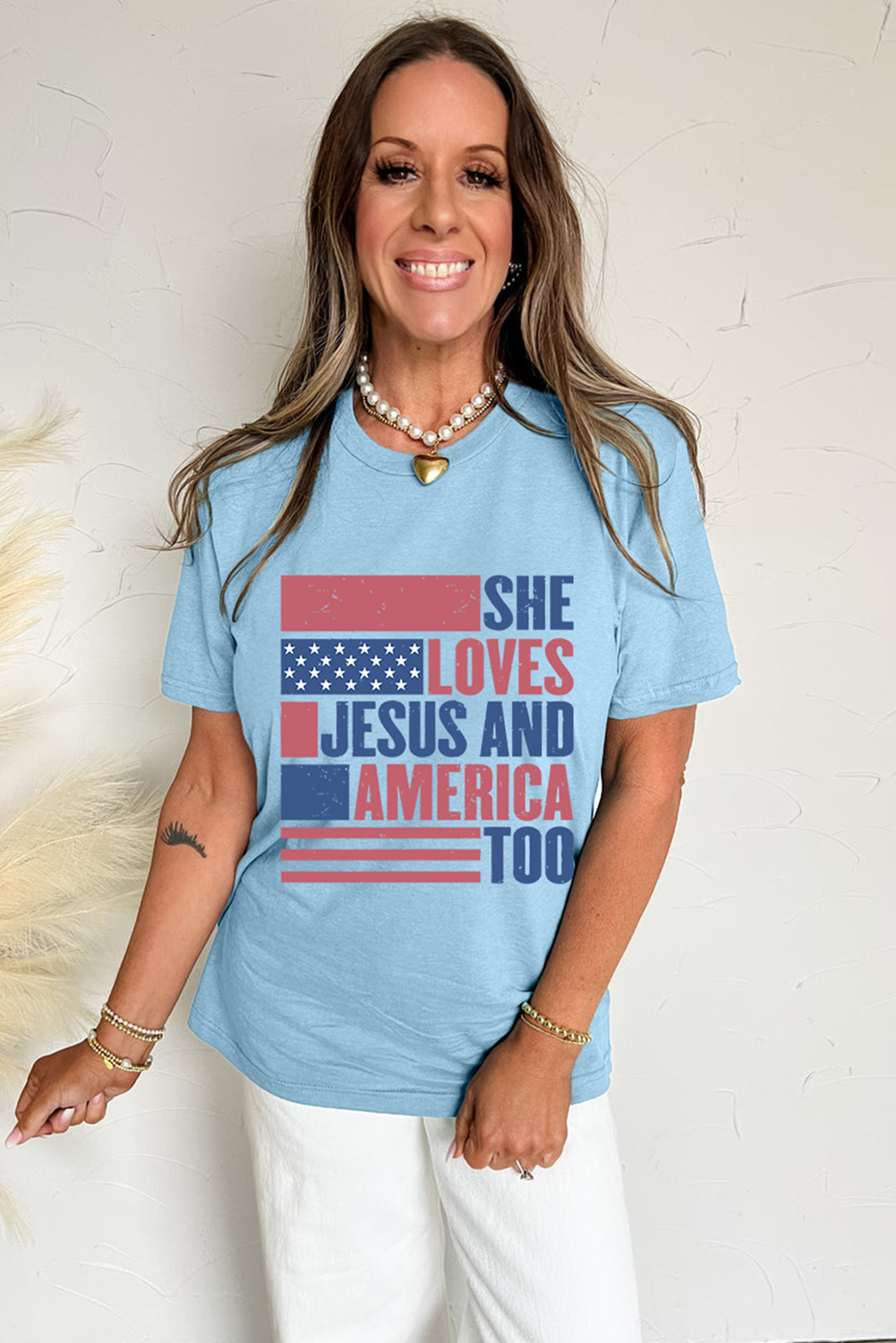 Light Blue SHE LOVES JESUS AND AMERICA TOO Flag Graphic T-Shirt
