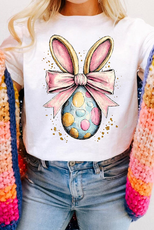 White Easter Egg Bow Bunny Ear Printed T-Shirt