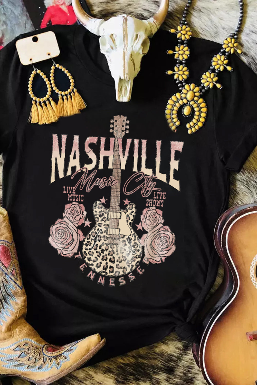 Black Nashville Music City Leopard Guitar Graphic T-Shirt