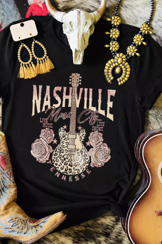 Black Nashville Music City Leopard Guitar Graphic T-Shirt