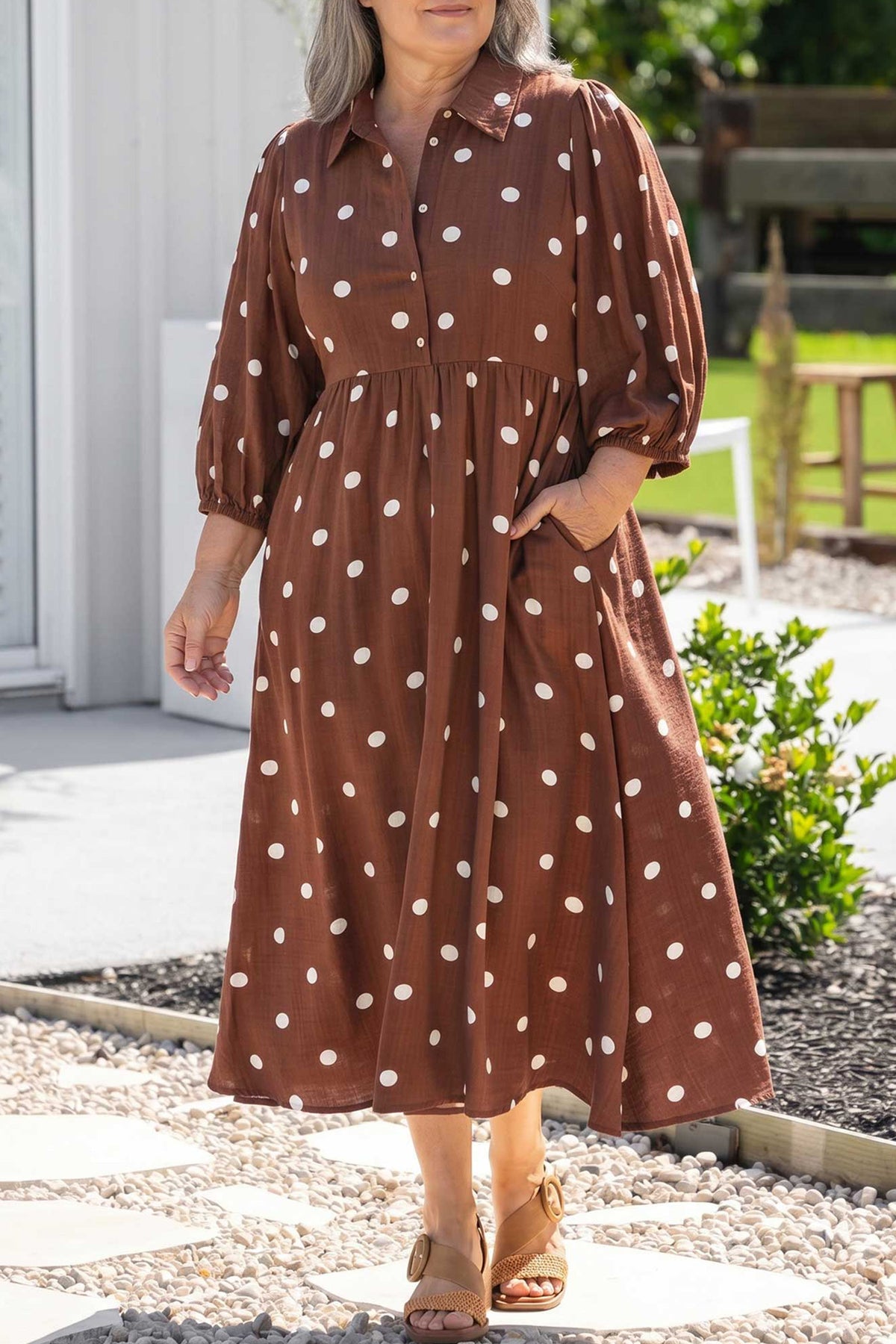 Brown Polka Dot V-Neck Abdomen Pocket Gathered Cuffs Long-Sleeve Shift Plus Size Dress