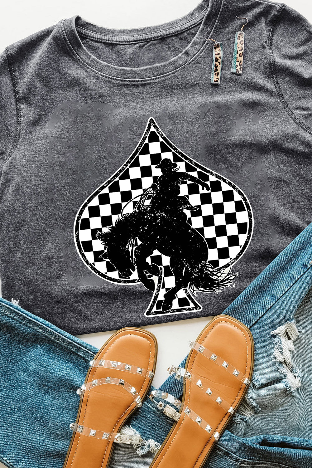 Gray Redeo Check Spades Western Graphic T-Shirt
