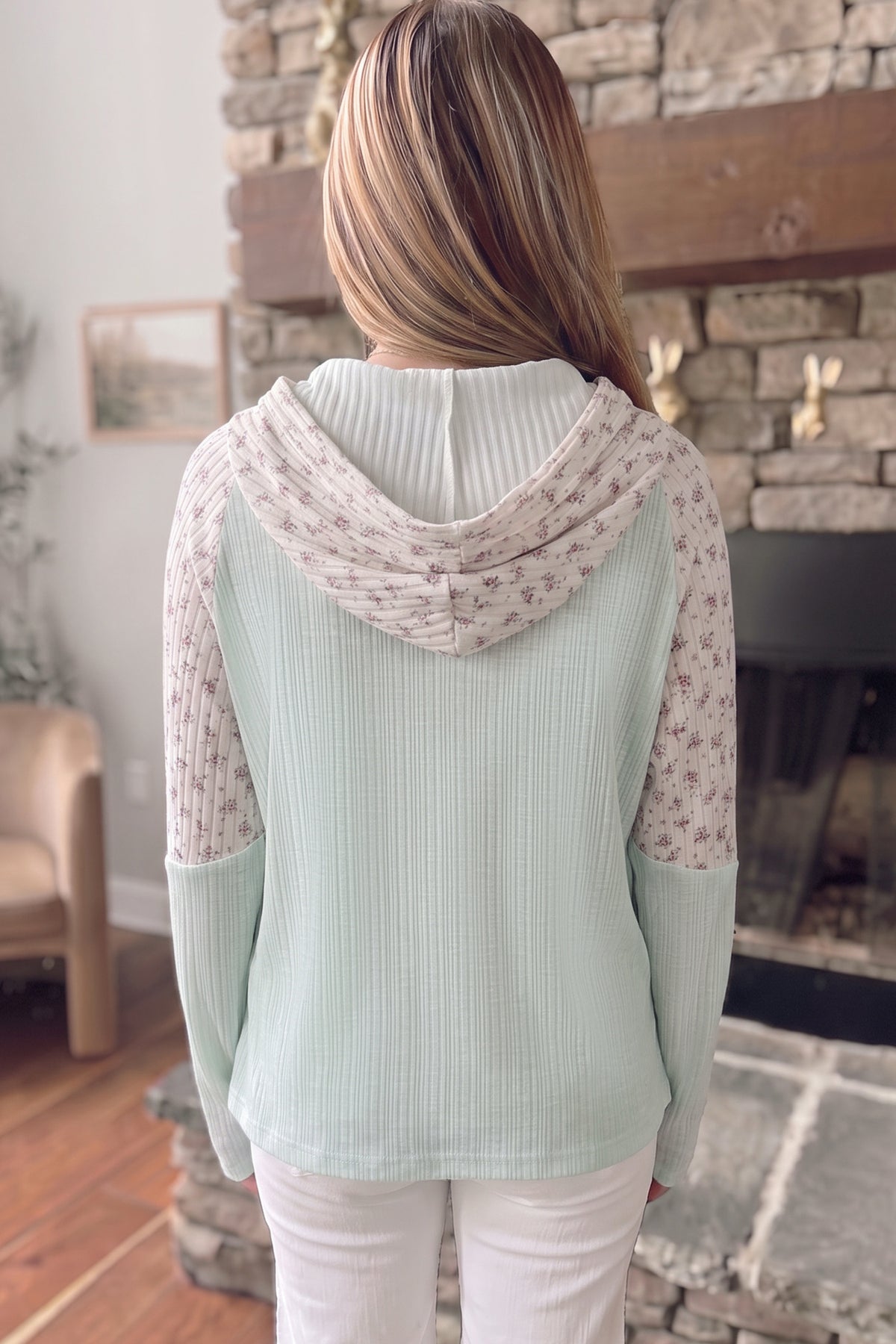 Clearly Aqua Textured Floral Patchwork Button Hooded Top