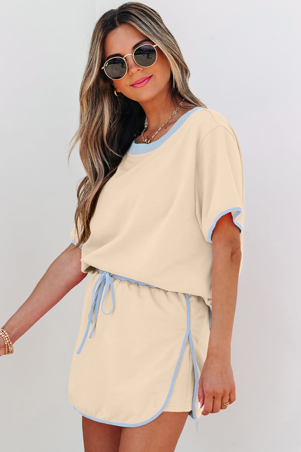 Women's Apricot Colorblock Edge Drop Shoulder T Shirt and Skort Two-Piece Set