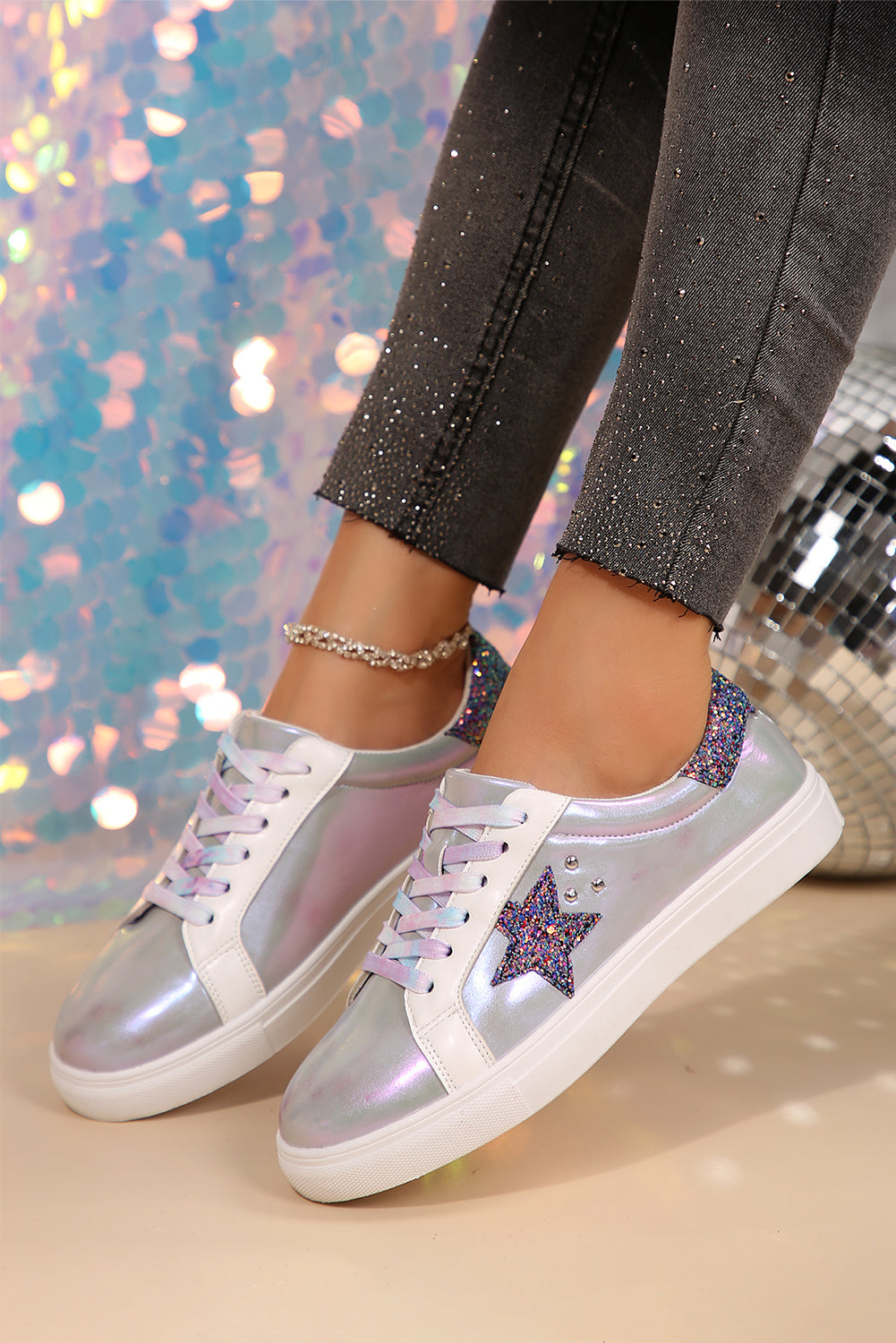 Silver Star Sequin Patchwork Criss Cross Casual Shoes