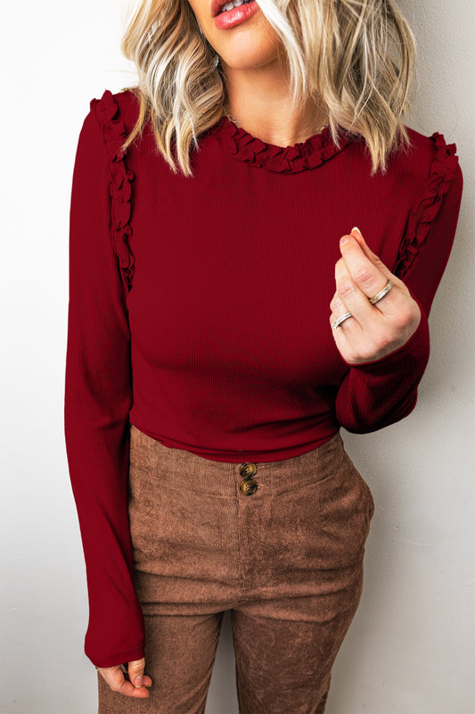 Red Dahlia Solid Color Round Neck Frill Top