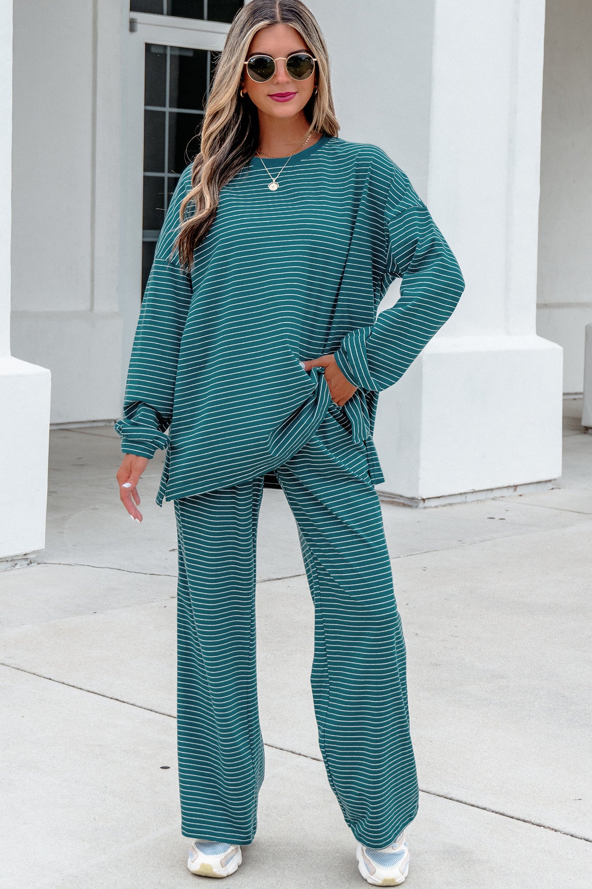 Women's Green Stripe Dropped Shoulder Long-Sleeve Top Pants Two-Piece Set